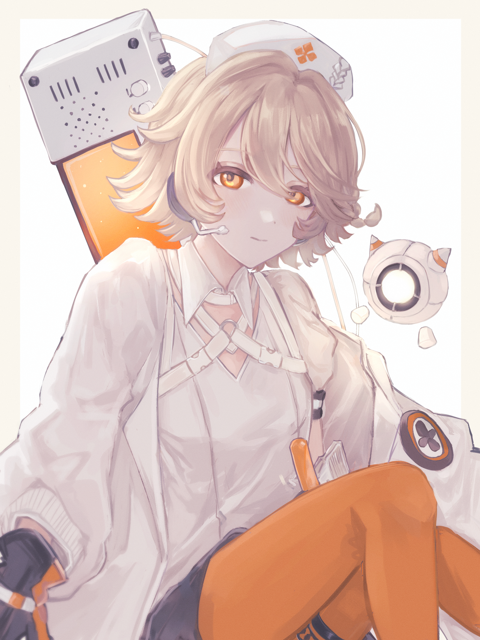 mmntmrt, nurse robot type t, utau, highres, 1girl, black gloves, black shorts, blonde hair, chest harness, closed mouth, coat, gloves, hair intakes, harness, hat, headset, lab coat, long sleeves, looking at viewer, nurse cap, open clothes, open coat, orange leggings, plant roots, shirt, short hair, shorts, simple background, smile, solo, white background, white coat, white hat, white shirt, yellow eyes