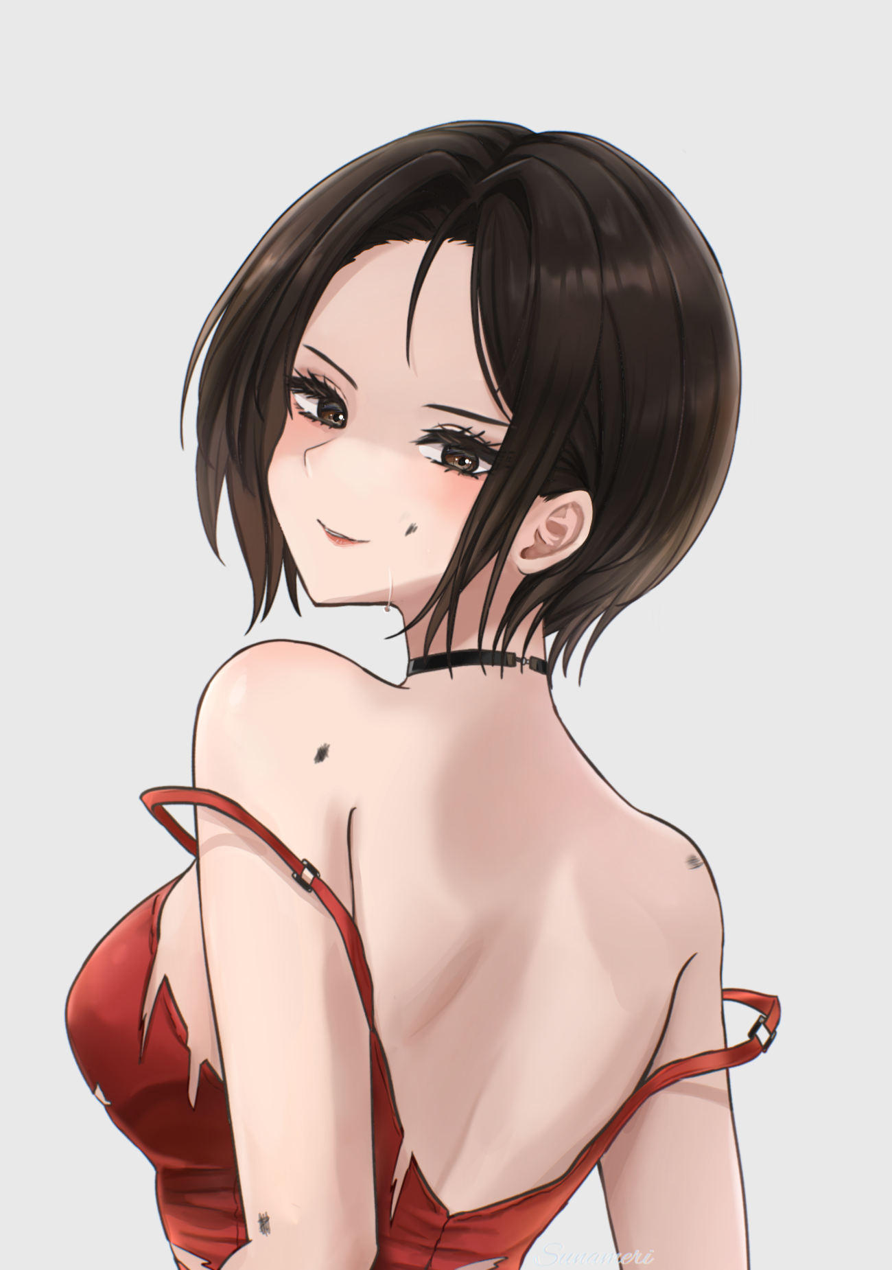 sunameri (pixiv3564245), ada wong, goddess of victory: nikke, resident evil, commentary request, highres, 1girl, back, black choker, black eyes, black hair, breasts, choker, crossover, dress, from side, large breasts, looking at viewer, red dress, simple background, solo, torn clothes, torn dress, upper body, white background