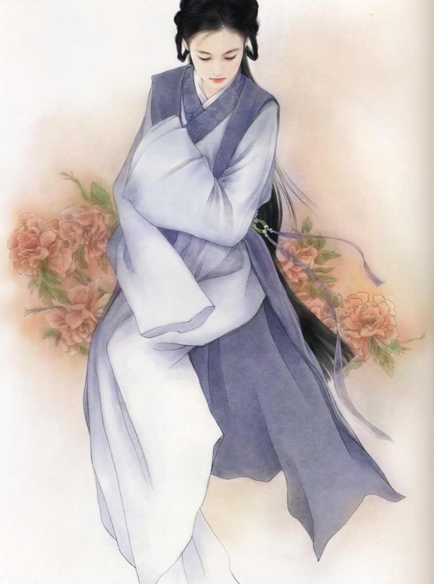 chen shu fen, highres, black eyes, braid, chinese clothes, flower, hanfu, japanese clothes, kimono, long hair, long sleeves, petals, realistic, ribbon, solo