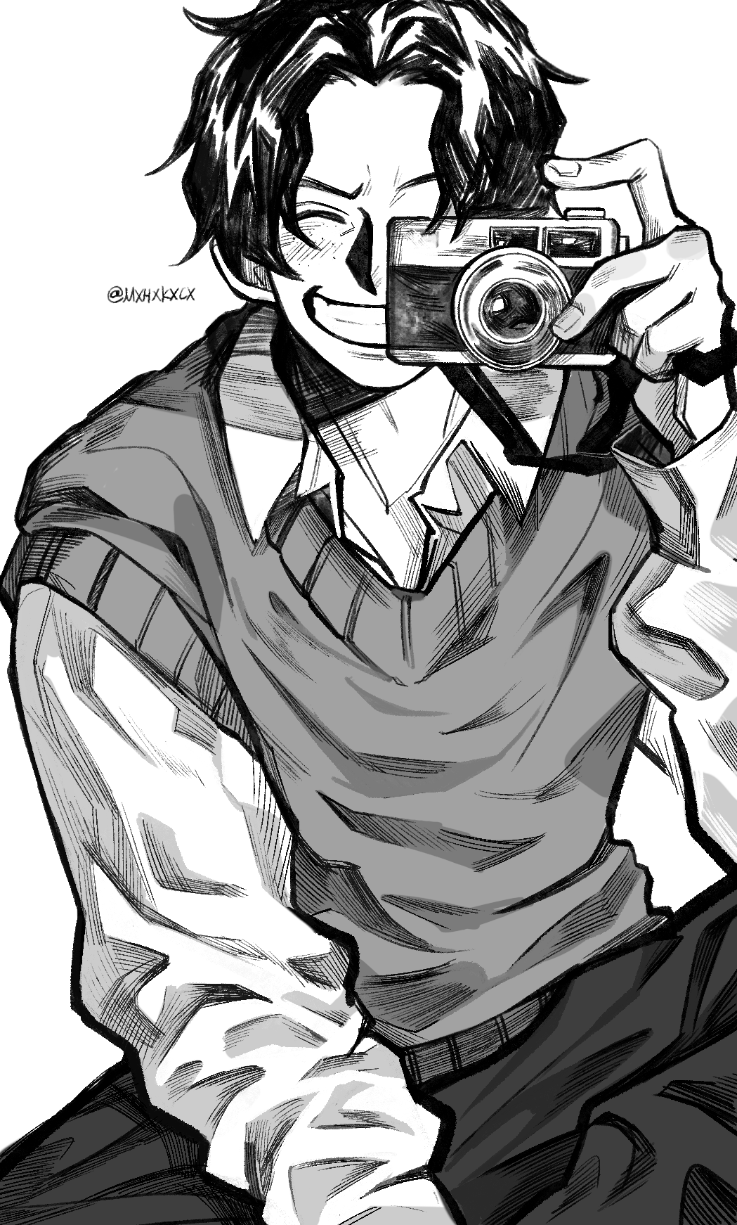 mxhxkxcx, portgas d. ace, one piece, commentary request, highres, 1boy, camera, collared shirt, digital camera, freckles, greyscale, grin, holding, holding camera, long sleeves, male focus, monochrome, shirt, simple background, sitting, smile, solo, sweater, twitter username, white background