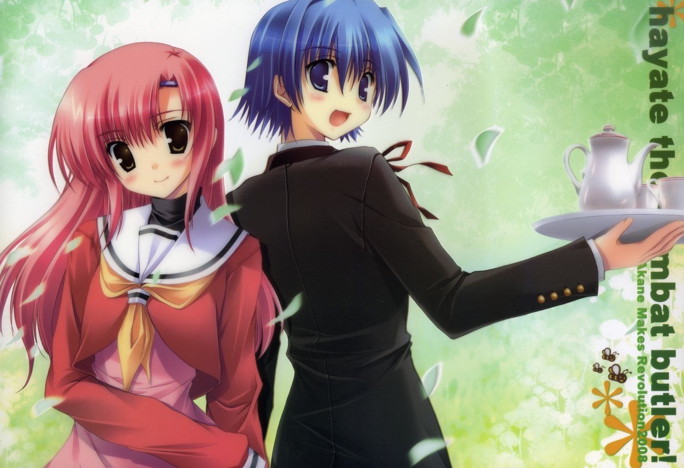 ikegami akane, ayasaki hayate, katsura hinagiku, hayate no gotoku!, 00s, 1boy, 1girl, blue eyes, blue hair, butler, long hair, outdoors, pink hair, plant, school uniform, serafuku, standing, tea set, yellow eyes