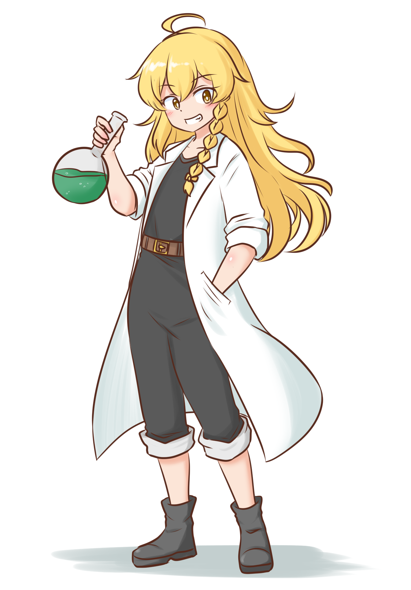 mizusoba, kirisame marisa, touhou, commentary request, commission, highres, skeb commission, 1girl, :d, ahoge, alternate costume, ankle boots, belt, belt buckle, black boots, black pants, black shirt, blonde hair, blush, boots, braid, bright pupils, brown belt, buckle, coat, collarbone, dot nose, flask, grin, hand in pocket, holding, holding flask, lab coat, lapels, long hair, looking at viewer, open clothes, open coat, open mouth, pants, round-bottom flask, scientist, shirt, simple background, single braid, sleeves rolled up, smile, solo, split mouth, t-shirt, white background, white coat, white pupils, yellow eyes