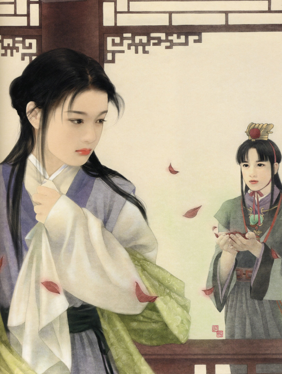 chen shu fen, highres, 2girls, black eyes, chinese clothes, dream of the red chamber, hair ornament, hanfu, long hair, long sleeves, multiple girls, petals, realistic