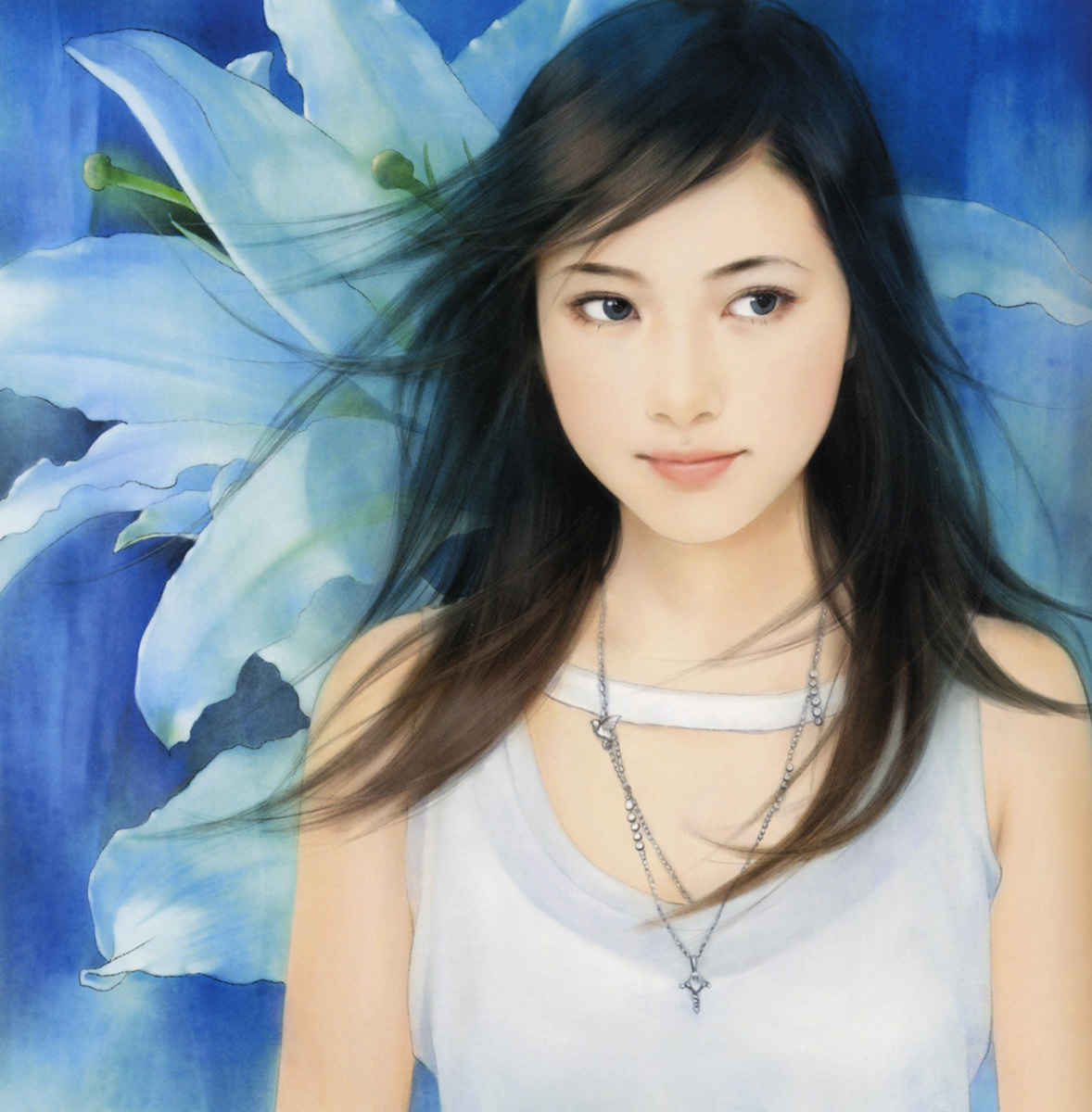 chen shu fen, highres, black eyes, black hair, flower, long hair, realistic, smile, solo, wind