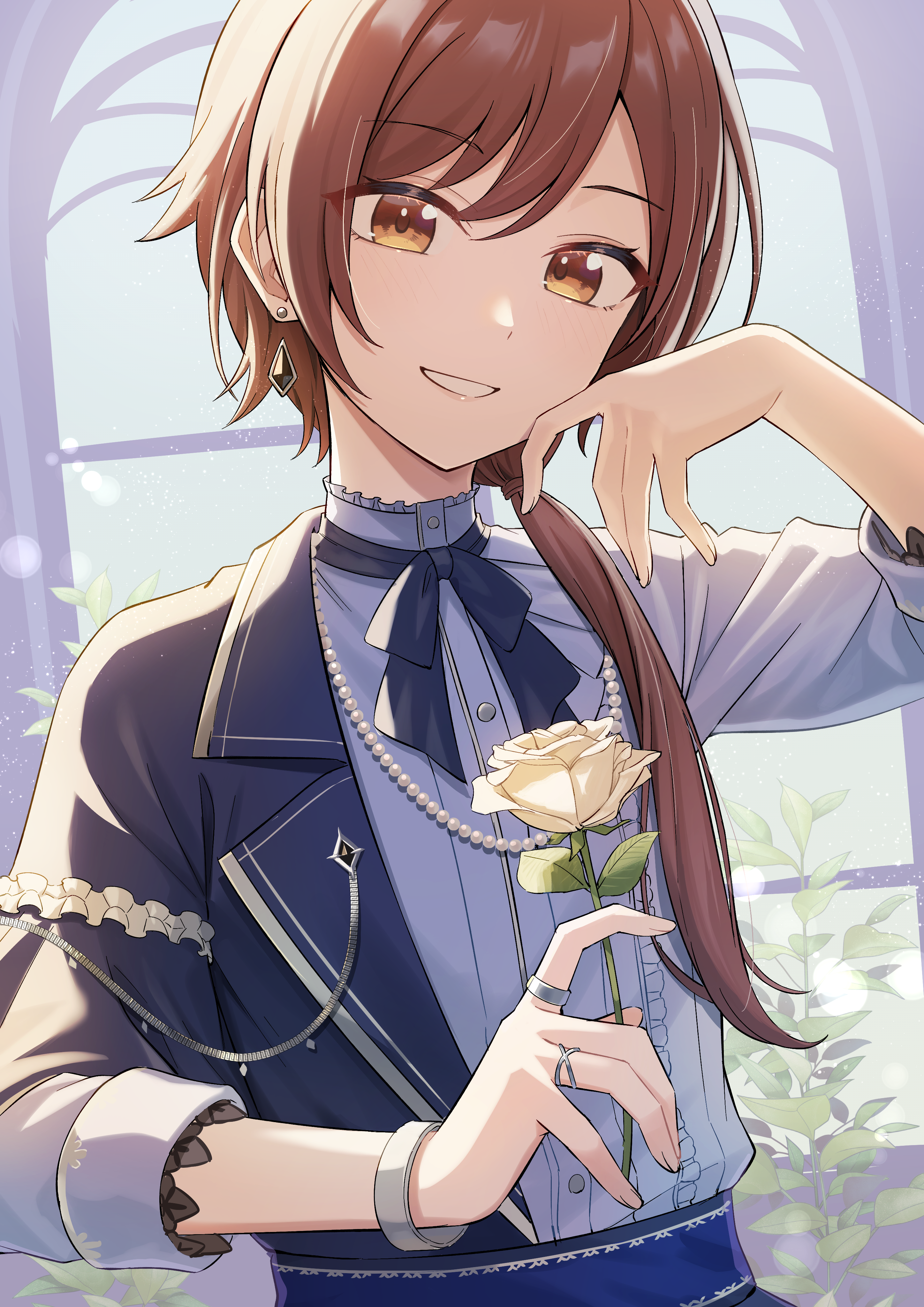 kurageso, osaki amana, idolmaster, idolmaster shiny colors, absurdres, commentary request, highres, 1girl, blush, bracelet, earrings, flower, hair over shoulder, holding, holding flower, jewelry, long hair, long sleeves, looking at viewer, official alternate costume, official alternate hairstyle, open mouth, ponytail, red hair, ring, rose, shirt, smile, solo, swept bangs, white flower, white rose, white shirt, yellow eyes
