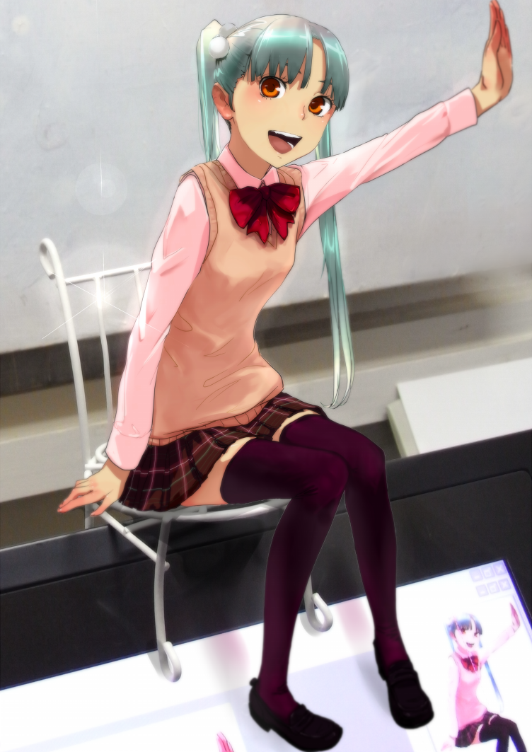nimirom, original, commentary request, 1girl, :d, aqua hair, arm up, black shoes, blush, bow, bowtie, breasts, brown skirt, brown sweater vest, chair, drawing tablet, full body, glint, hair bobbles, hair ornament, head tilt, indoors, knees together feet apart, loafers, long hair, long sleeves, looking at viewer, looking to the side, mini person, minigirl, miniskirt, on chair, open mouth, orange eyes, outstretched arm, parted bangs, photo background, plaid clothes, plaid skirt, pleated skirt, purple thighhighs, red bow, red bowtie, school uniform, shirt, shoes, sitting, skirt, small breasts, smile, solo, sweater vest, thighhighs, twintails, very long hair, white shirt, zettai ryouiki