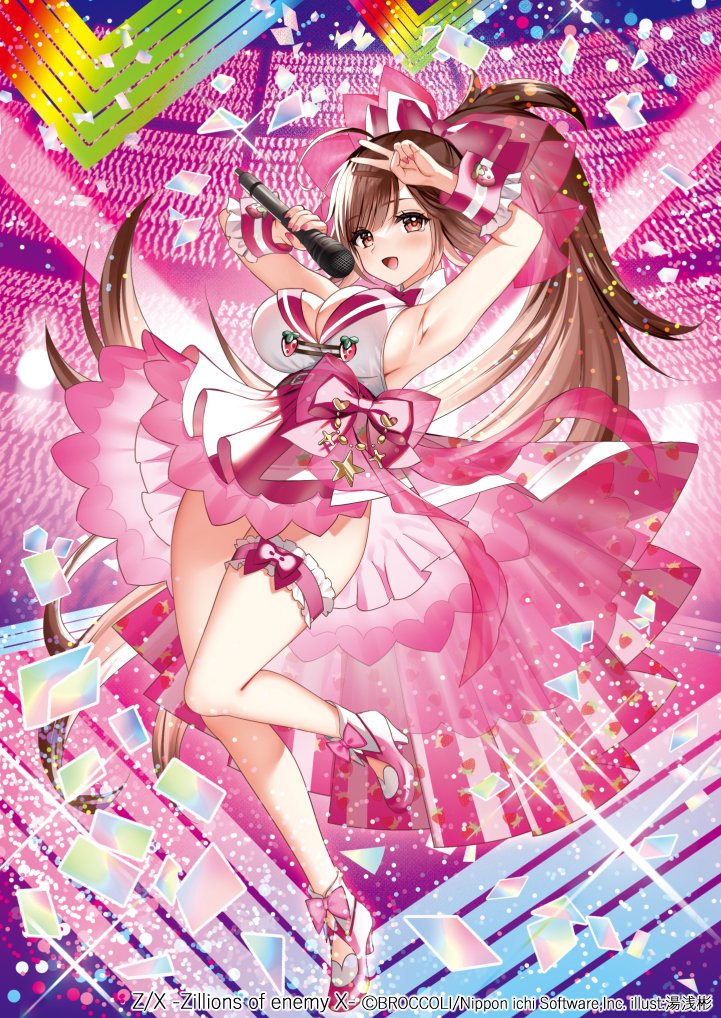 yuasa akira, z/x, official art, 1girl, armpits, bow, bowtie, breasts, brown eyes, brown hair, cleavage, concert, confetti, copyright notice, footwear bow, frilled thigh strap, frilled wrist cuffs, frills, hair ribbon, high heels, high ponytail, holding, holding microphone, idol clothes, large breasts, light particles, long hair, microphone, open mouth, pink bow, pink bowtie, pink nails, pink ribbon, pink shoes, ponytail, prism (z/x), ribbon, shoes, solo, sparkle, standing, standing on one leg, thigh strap, v, v over eye, very long hair, wrist cuffs