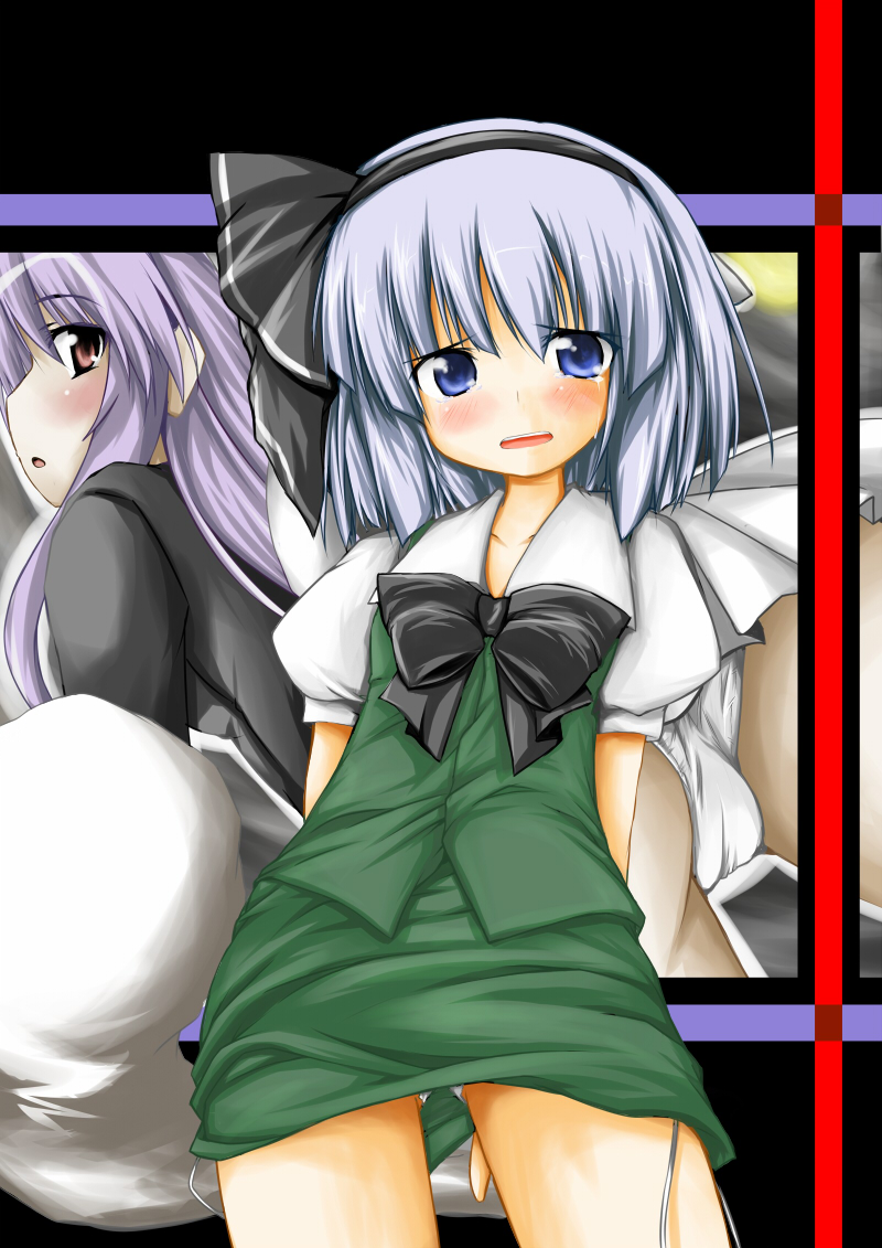 nanpuu, konpaku youmu, konpaku youmu (ghost), reisen udongein inaba, touhou, silver hair, 2girls, blush, female focus, ghost, long hair, multiple girls, panties, pencil skirt, purple hair, ribbon, short hair, skirt, tears, thigh gap, thighs, underwear