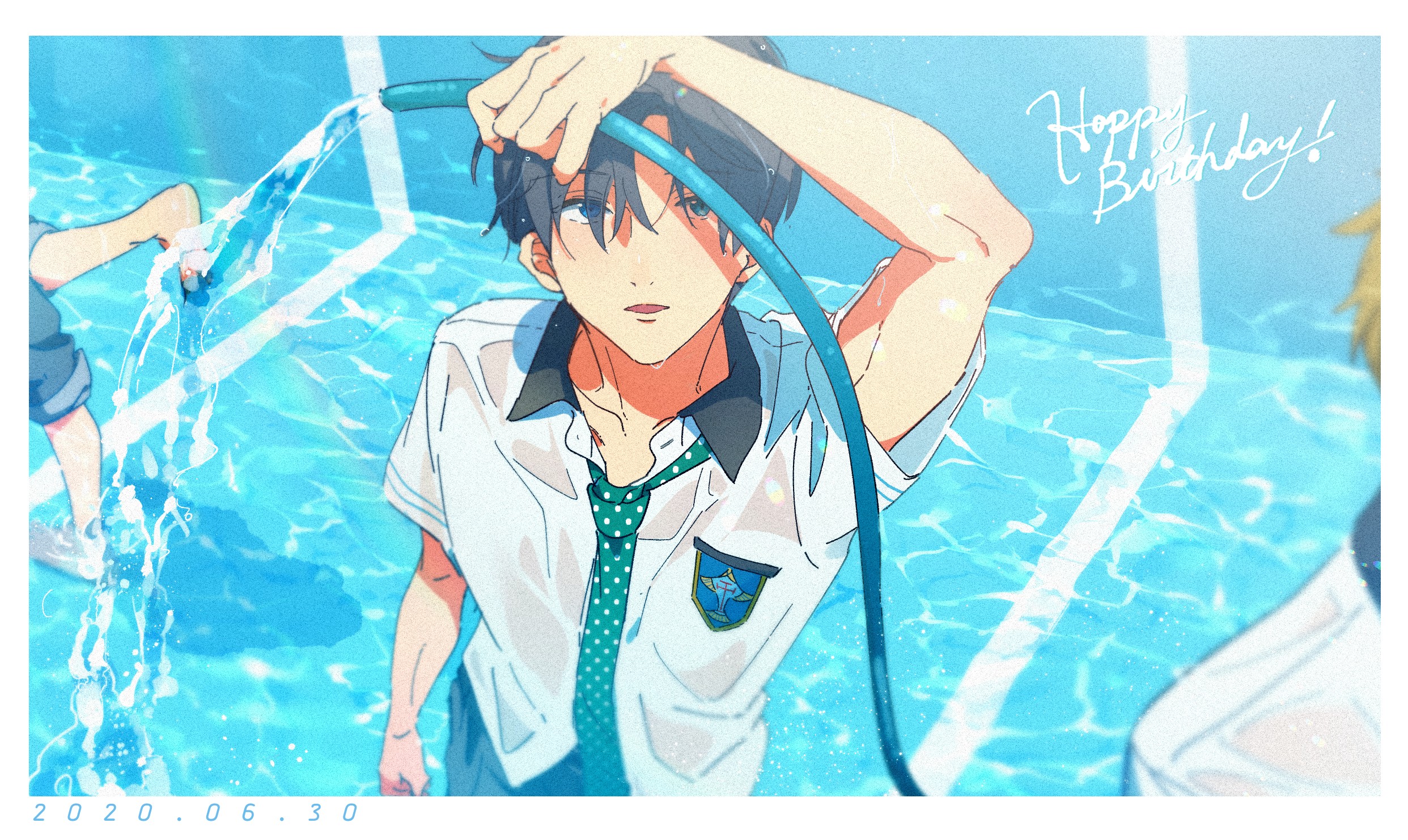 hazuki nagisa, nanase haruka (free!), tachibana makoto, free!, commentary request, highres, 3boys, caustics, dated, happy birthday, holding, holding hose, hose, male focus, multiple boys, nostrils, open mouth, polka dot necktie, shaaark rotta03, shirt, short hair, solo focus, wet, wet clothes, wet shirt, white shirt