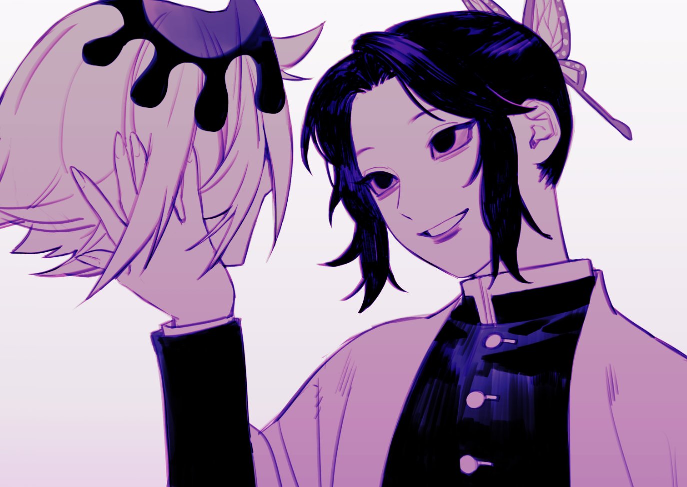 rumaeinine, douma (kimetsu no yaiba), kochou shinobu, kimetsu no yaiba, 1boy, 1girl, black hair, black jacket, butterfly hair ornament, demon slayer uniform, hair ornament, haori, holding detached head, jacket, japanese clothes, looking at another, parted bangs, parted lips, sidelocks, smile, updo, upper body, white background, white hair