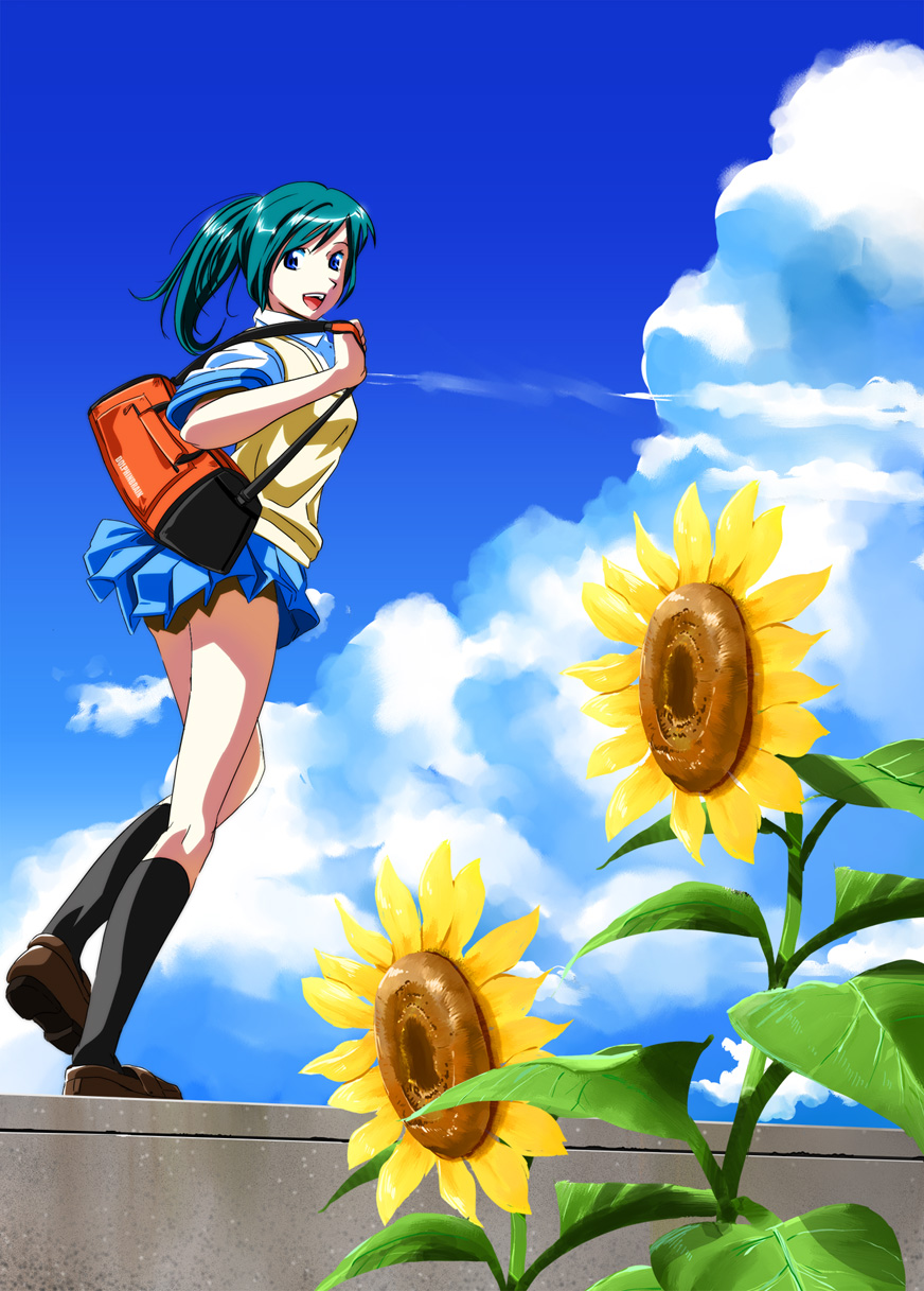 k3 (dolphin brain), original, highres, 1girl, bag, blue eyes, cloud, female focus, flower, full body, green hair, looking back, outdoors, plant, school uniform, serafuku, shoes, skirt, sky, socks, solo, standing, sunflower