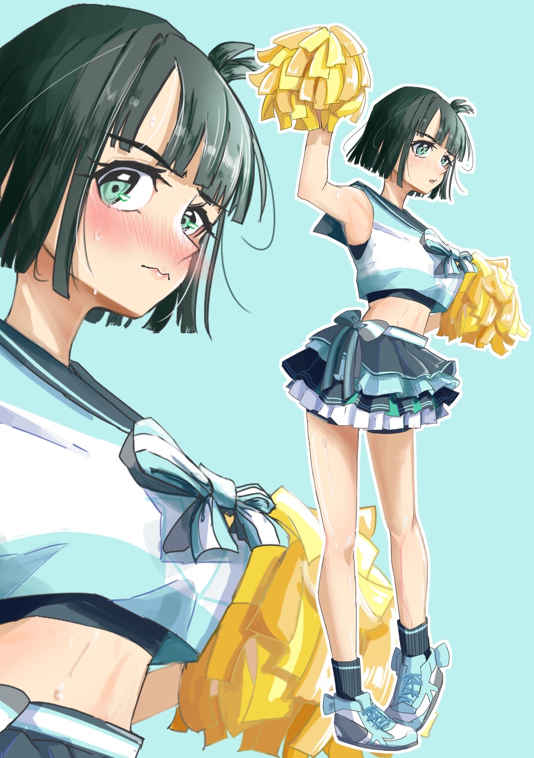 mondashi0223, momose ginko, link! like! love live!, love live!, highres, 1girl, 3:, armpits, arms up, black hair, black sailor collar, black socks, blue background, blue shoes, blue skirt, blush, breasts, cheerleader, closed mouth, frown, green eyes, h.s.c.t. (love live!), layered skirt, looking at viewer, medium breasts, midriff, miniskirt, multiple views, nose blush, official alternate costume, one side up, parted lips, pom pom (cheerleading), sailor collar, sailor shirt, shirt, shoes, short hair, simple background, skirt, sleeveless, sleeveless shirt, sneakers, socks, virtual youtuber, zoom layer