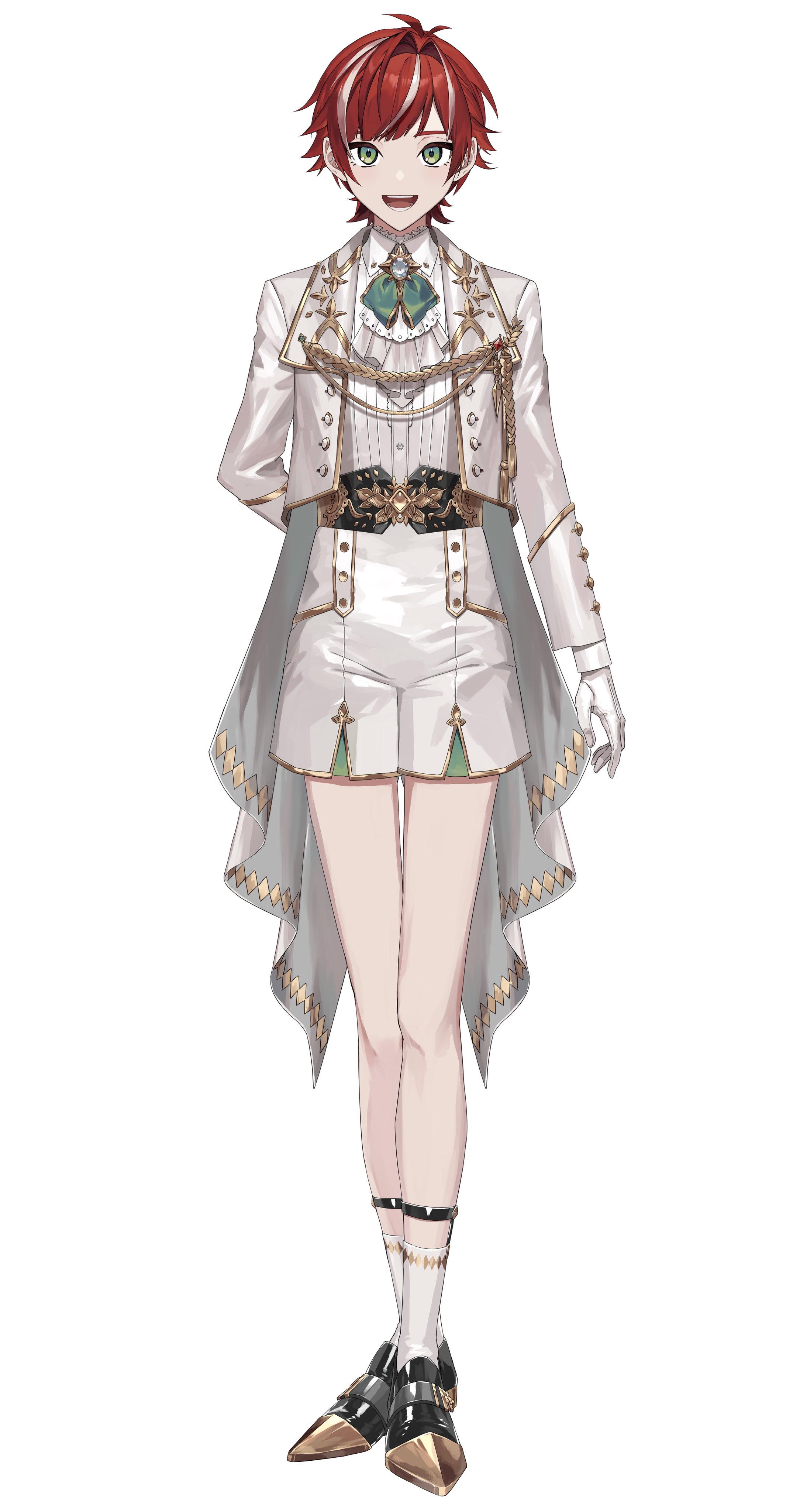 suwada, indie virtual youtuber, absurdres, highres, official art, 1boy, :d, aiguillette, alfi turner, antenna hair, arm at side, arm behind back, belt, black belt, black shoes, blunt bangs, bow, bowtie, brooch, butler, coat, coattails, collared shirt, diamond print, dress shoes, frilled shirt collar, frills, full body, gem, gloves, gold trim, green bow, green bowtie, green eyes, hair intakes, high-waist shorts, jacket, jewelry, lapels, legs together, legwear garter, looking at viewer, male focus, monk shoes, multicolored hair, open clothes, open jacket, open mouth, red hair, shirt, shirt tucked in, shoes, short hair, shorts, simple background, sleeve cuffs, smile, socks, solo, standing, straight-on, streaked hair, sweater guard, tachi-e, virtual youtuber, white background, white coat, white gemstone, white gloves, white hair, white shirt, white shorts, white socks, yellow gemstone