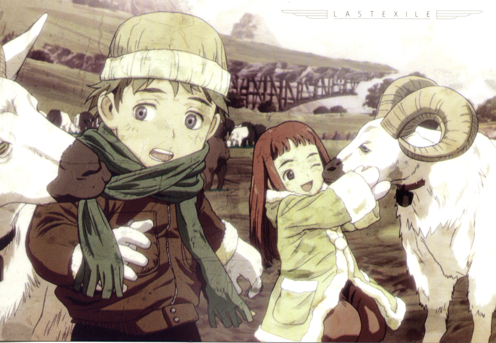 claus valca, lavie head, last exile, highres, official art, 00s, blunt bangs, child, copyright name, gloves, goat, goats, long hair, scarf, smile, snout