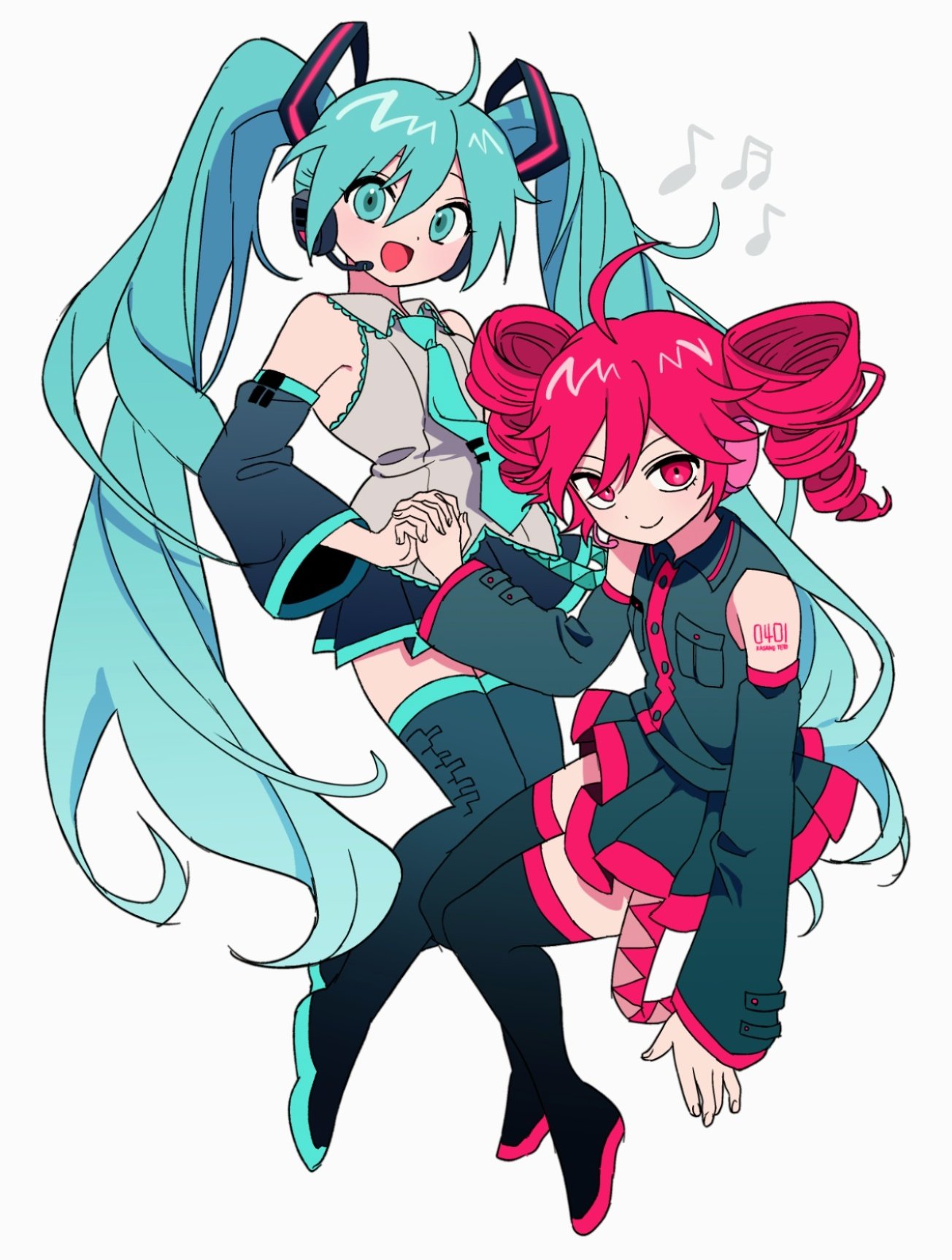 hatsune miku, kasane teto, utau, vocaloid, commentary, highres, symbol-only commentary, 2girls, aqua eyes, aqua hair, aqua necktie, black sleeves, closed mouth, crossover, detached sleeves, drill hair, full body, grey shirt, headset, holding hands, long hair, looking at viewer, multiple girls, musical note, necktie, open mouth, pleated skirt, qnfrjswjsrmfla, red eyes, red hair, red trim, shirt, simple background, skirt, smile, twin drills, twintails, very long hair, white background