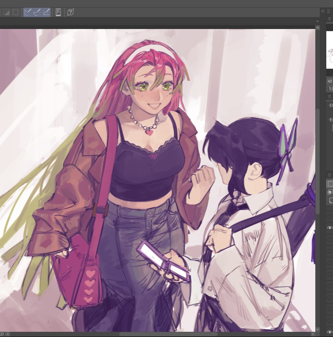 rumaeinine, kanroji mitsuri, kochou shinobu, kimetsu no yaiba, 2girls, alternate costume, art program in frame, bag, black camisole, black hair, black necktie, breasts, brown jacket, butterfly hair ornament, camisole, cellphone, cleavage, clenched hand, collared shirt, contemporary, flip phone, from above, gradient hair, green eyes, green hair, grey skirt, hair between eyes, hair ornament, hairband, heart, heart necklace, holding, holding phone, jacket, jewelry, long skirt, looking at another, medium breasts, midriff, mole, mole under each eye, mole under eye, multicolored hair, multiple girls, multiple moles, necklace, necktie, parted lips, phone, pink bag, pink hair, shirt, shoulder bag, sidelocks, skirt, smile, spaghetti strap, two-tone hair, upper body, weapon, weapon case, weapon on back, white hairband, white shirt