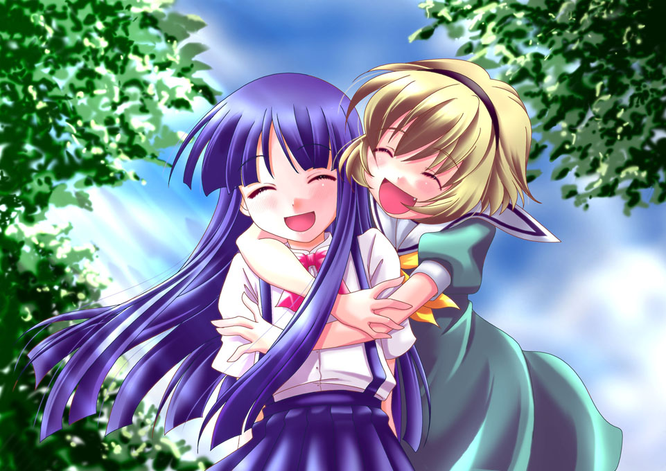 shirokuma, shirokuma (hello), furude rika, houjou satoko, higurashi no naku koro ni, 00s, 2girls, blonde hair, closed eyes, dress, fang, hug, long hair, multiple girls, purple hair, sailor dress, smile
