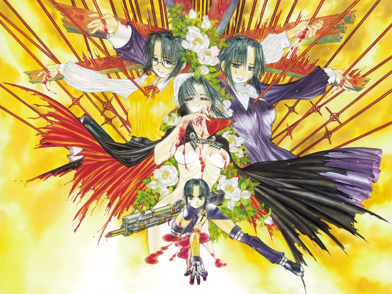 ciel (tsukihime), elesia, michael roa valdamjong, roa-ciel, tsukihime, habit, non-web source, 00s, 1girl, blood, breasts, cape, cross, gun, large breasts, multiple persona, possessed, possession, school uniform, serafuku, tattoo, weapon