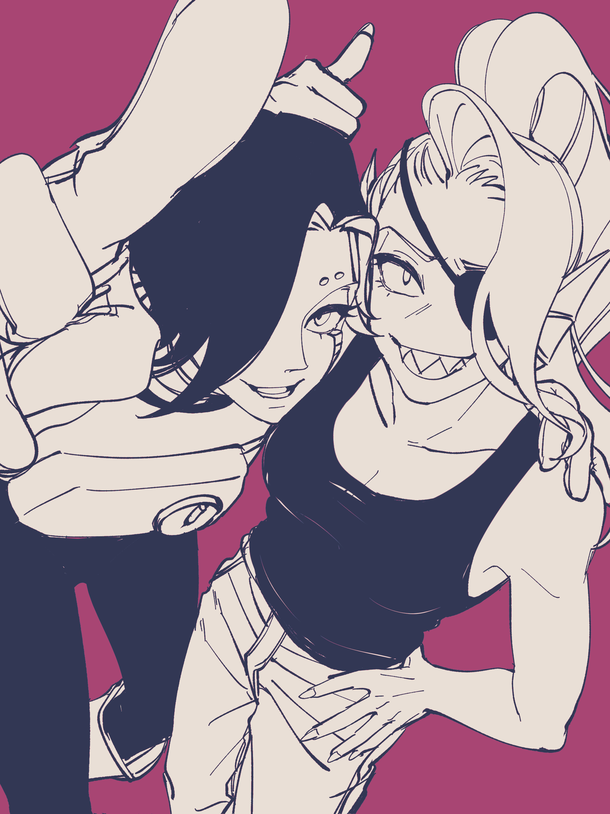 tachibana (church111), mettaton, mettaton ex, undyne, undertale, utdr (toby fox), absurdres, highres, 1boy, 1girl, android, cowboy shot, eyepatch, fins, foreshortening, from above, greyscale with colored background, grin, hair over one eye, hand on another's shoulder, hand on own hip, head fins, index finger raised, looking at viewer, one eye covered, pants, pink background, ponytail, sharp teeth, short hair, simple background, smile, standing, tank top, teeth