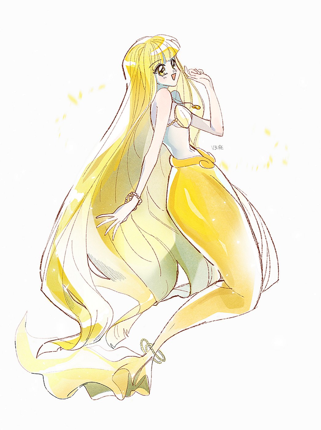 mxhxkxcx, coco (mermaid) (mermaid melody pichi pichi pitch), coco (mermaid melody pichi pichi pitch), mermaid melody pichi pichi pitch, commentary, highres, 1girl, bare shoulders, bead bracelet, beads, bikini, blonde hair, bracelet, full body, jewelry, long hair, looking at viewer, mermaid, midriff, monster girl, open mouth, shell, shell bikini, signature, simple background, solo, swimsuit, very long hair, white background, yellow eyes