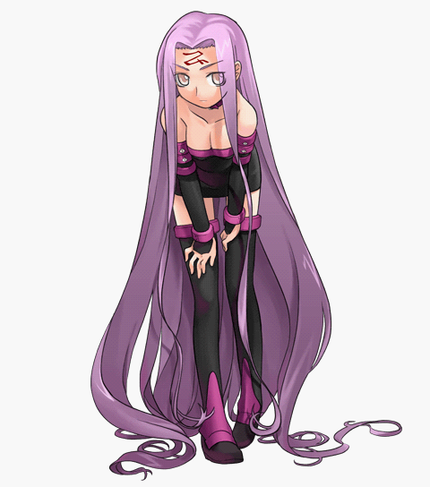 medusa (fate), medusa (rider) (fate), fate/stay night, fate (series), non-web source, 00s, 1girl, bare shoulders, bent over, breasts, cleavage, detached sleeves, dress, female focus, full body, large breasts, long hair, pink eyes, simple background, solo, strapless, strapless dress, thighhighs, very long hair