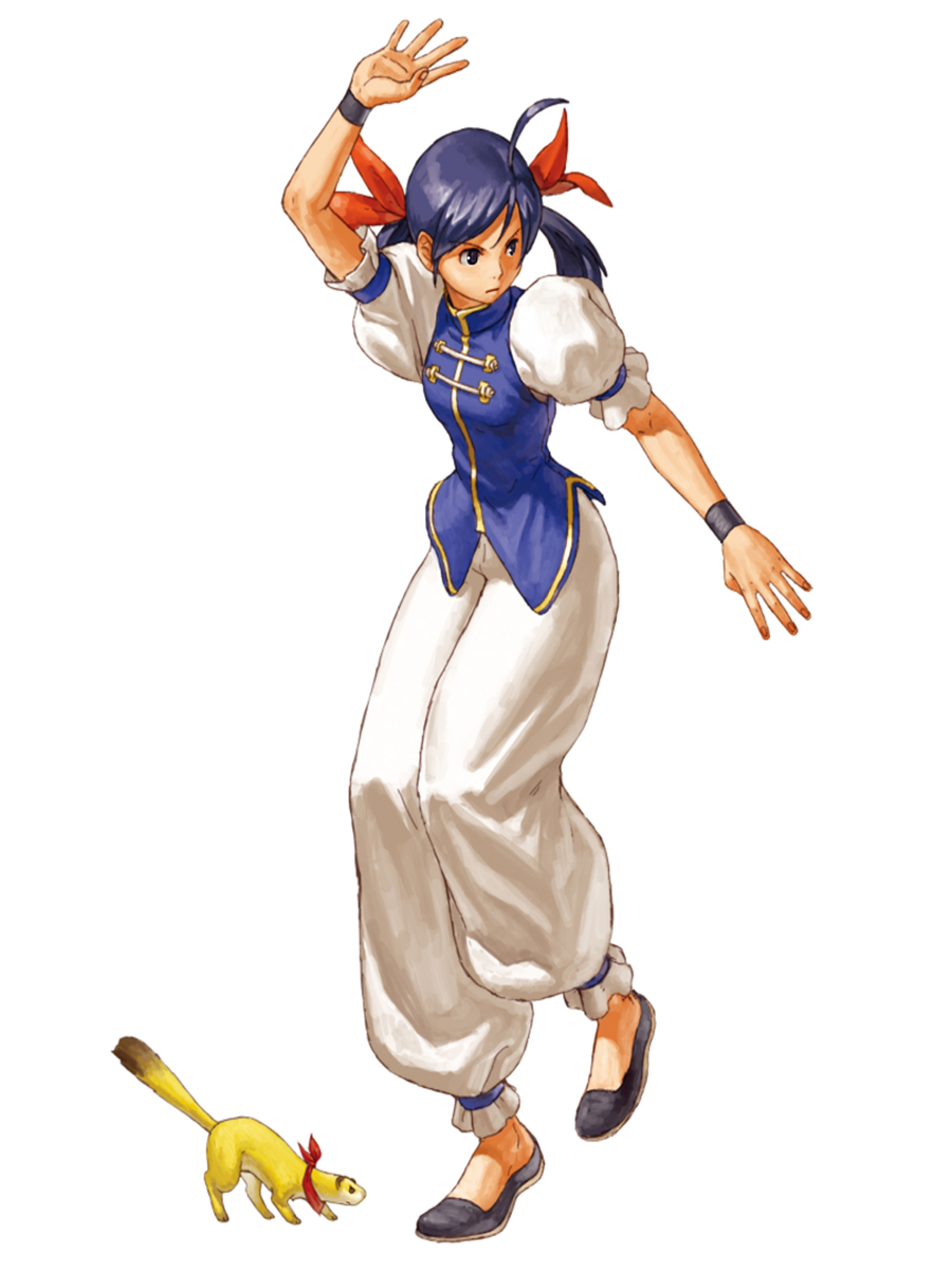 ogura eisuke, futaba hotaru, itokatsu (garou), fatal fury, garou: mark of the wolves, neo geo battle coliseum, snk, highres, official art, 1girl, ahoge, blue eyes, blue hair, bow, female focus, ferret, fighting stance, hair bow, hair ribbon, harem pants, pants, purple hair, ribbon, solo, twintails