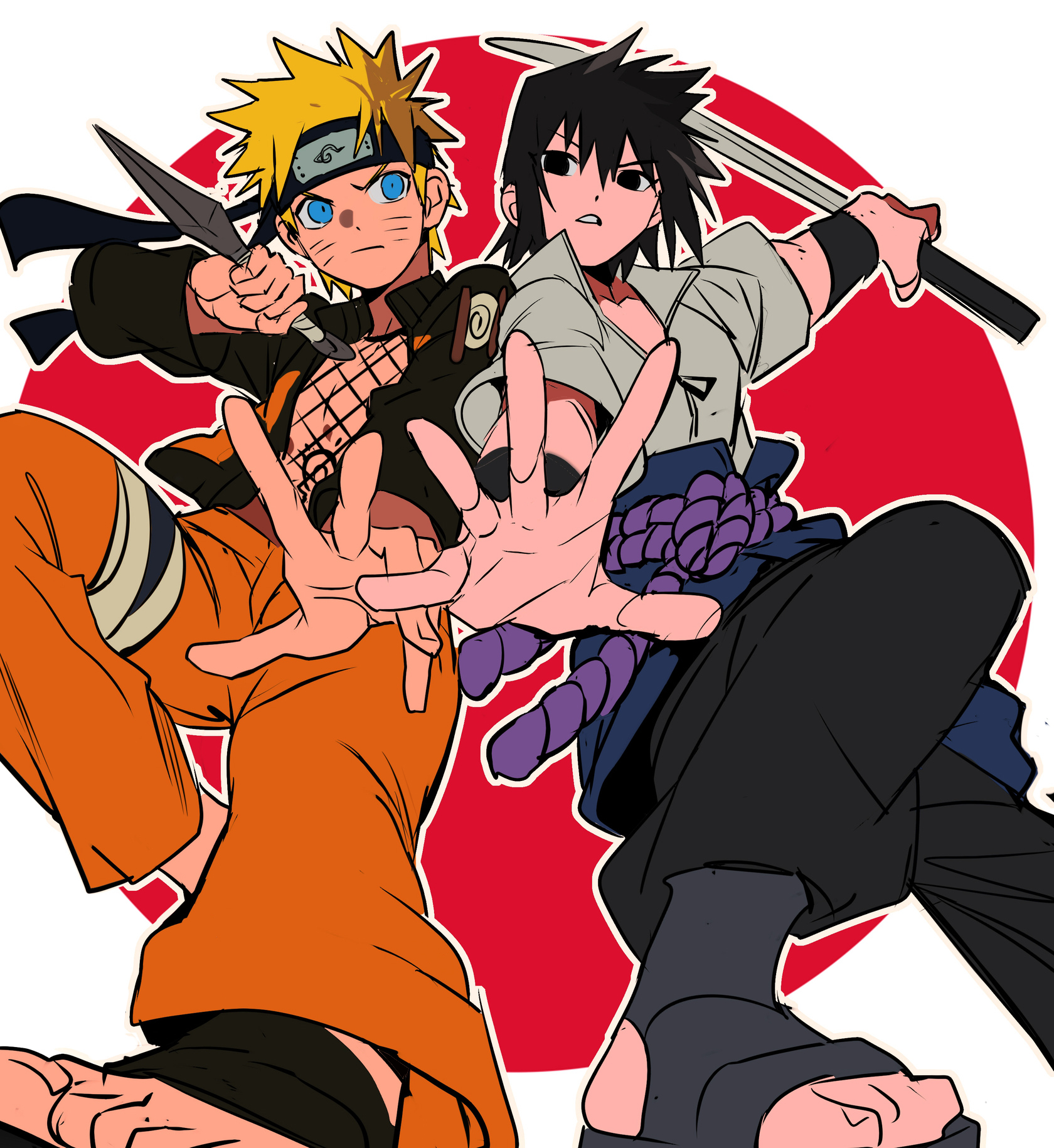 xi luo an ya, uchiha sasuke, uzumaki naruto, naruto (series), naruto shippuuden, highres, revision, 2boys, black eyes, black hair, black pants, black sleeves, blonde hair, blue eyes, boots, border, chokutou, facial mark, fighting stance, forehead protector, furrowed brow, hair between eyes, holding, holding knife, holding sword, holding weapon, jacket, knife, kunai, long sleeves, male focus, multiple boys, open-toe boots, open clothes, open jacket, orange pants, outstretched arms, pants, parted lips, red background, rope, shirt, short hair, short sleeves, spiked hair, sword, thigh strap, weapon, whisker markings, white border, white shirt