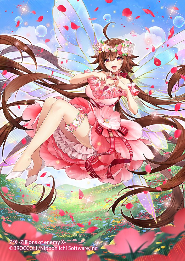 spinel (9057), z/x, official art, 1girl, ahoge, bare shoulders, breasts, brown eyes, brown hair, bubble, butterfly wings, copyright notice, dress, floating, flower, flower dress, four-finger heart hands, frilled dress, frills, grasslands, head wreath, heart, heart hands, high heels, insect wings, large breasts, long hair, looking at viewer, open mouth, outdoors, prism (z/x), red dress, red petals, shoes, sparkle, thigh strap, very long hair, white shoes, wings