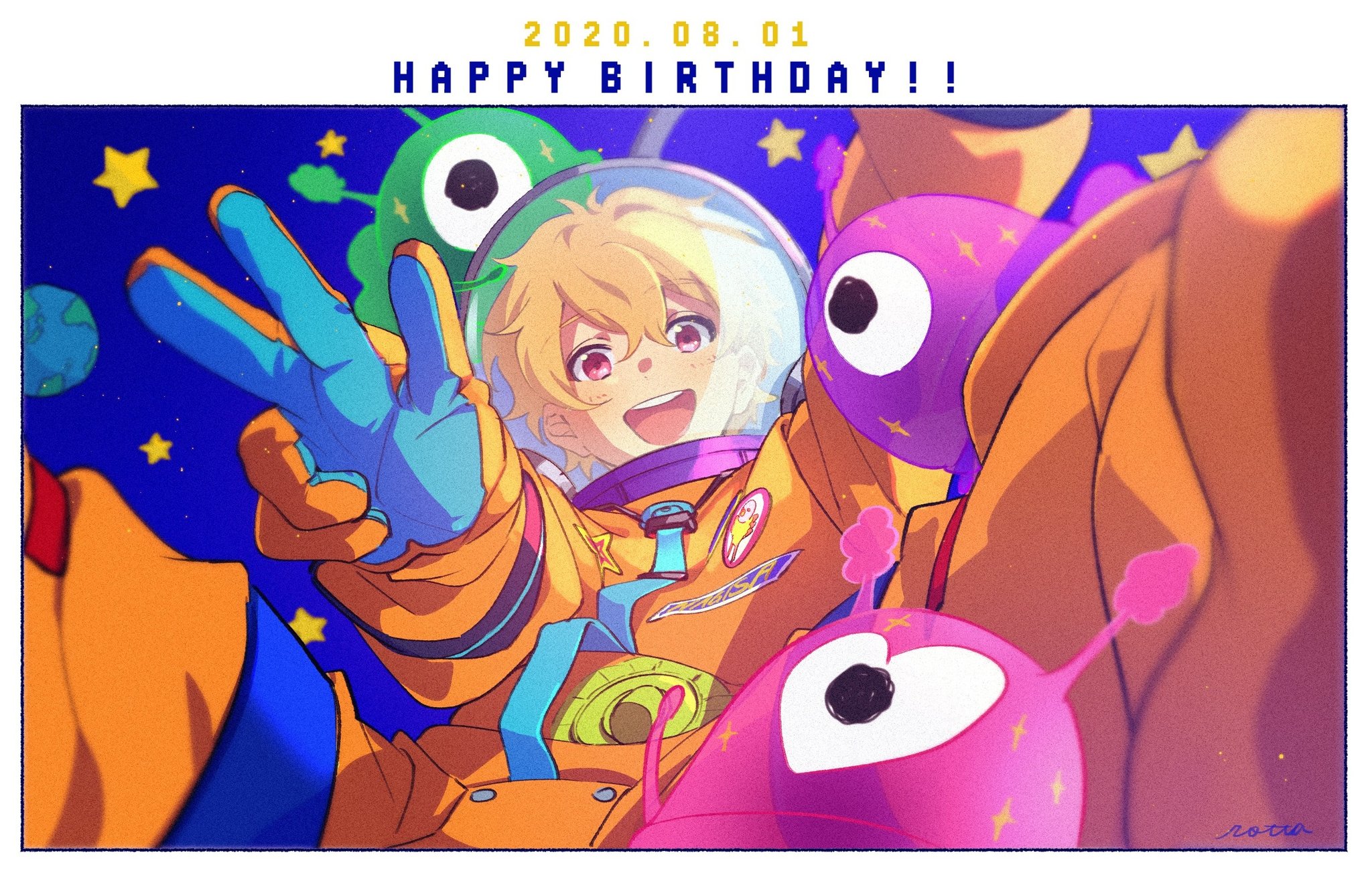 hazuki nagisa, free!, commentary request, highres, 1boy, alien, astronaut, badge, blonde hair, blush, border, dated, hair between eyes, happy birthday, looking at viewer, official alternate costume, open mouth, red eyes, shaaark rotta03, short hair, solo, upper body, v, white border