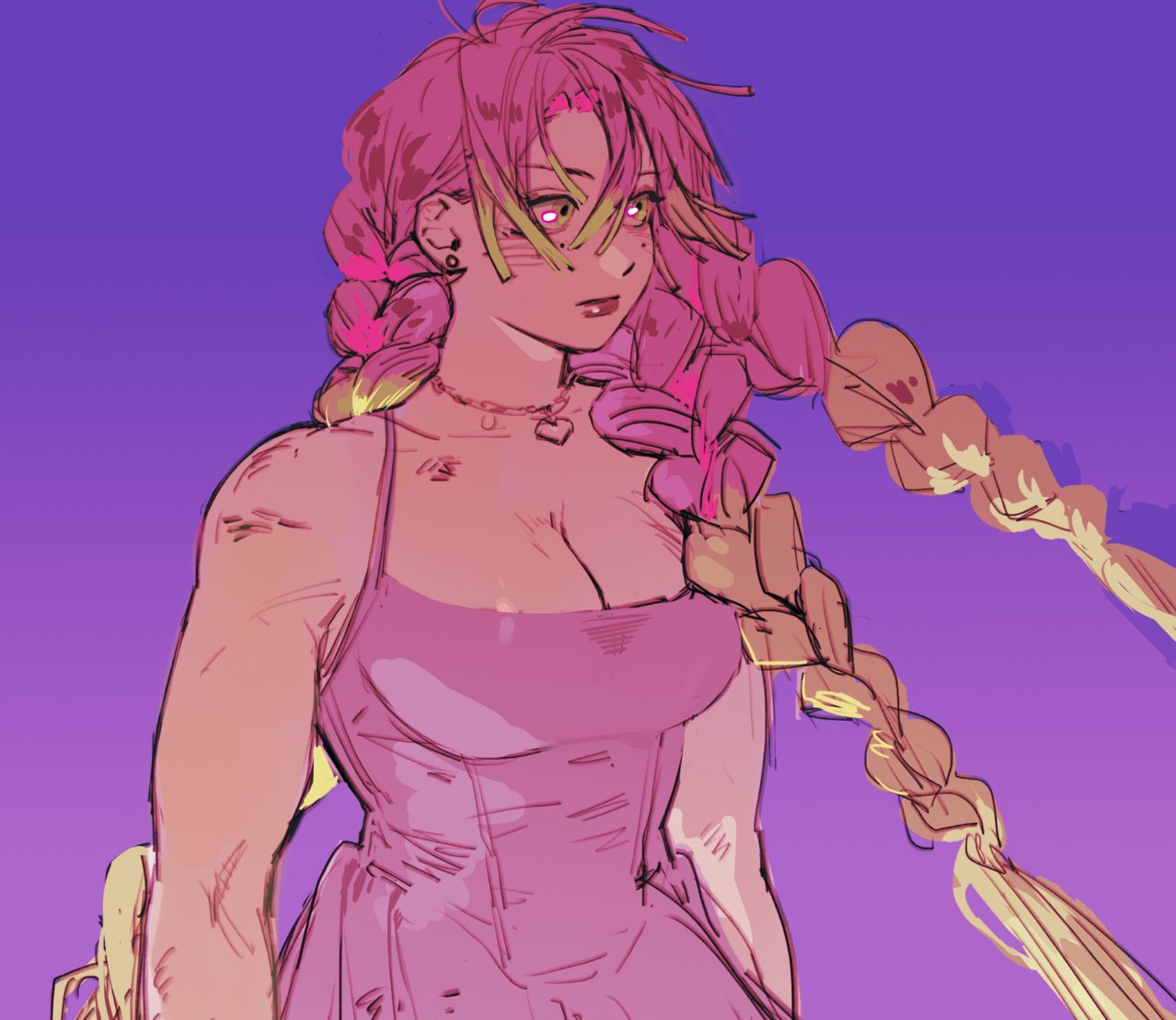 rumaeinine, kanroji mitsuri, kimetsu no yaiba, 1girl, alternate costume, bare shoulders, blue background, blush, braid, breasts, cleavage, closed mouth, dress, earrings, gradient background, green hair, hair between eyes, heart, heart necklace, jewelry, large breasts, long hair, mole, mole under each eye, mole under eye, multicolored hair, multiple braids, multiple moles, muscular, muscular female, necklace, pink dress, pink hair, pink lips, solo, spaghetti strap, two-tone hair, upper body