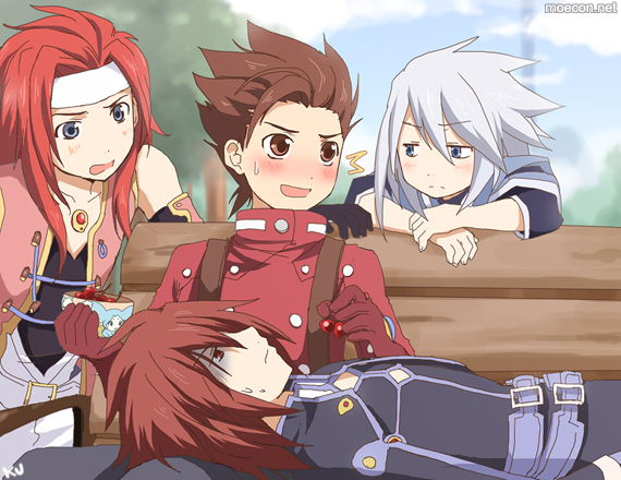 kurot, genius sage, kratos aurion, lloyd irving, mieu (tales), zelos wilder, tales of (series), tales of symphonia, 00s, 4boys, ^^^, age difference, bare shoulders, belt, bench, blue eyes, blush, bodysuit, bowl, brown eyes, brown hair, buttons, cherry, cloud, embarrassed, father and son, food, fruit, gloves, grey hair, headband, long hair, lying, male focus, multiple boys, open mouth, pants, profile, red eyes, red hair, short hair, sitting, sky, spiked hair, surprised, suspenders, sweatdrop, tree, white hair
