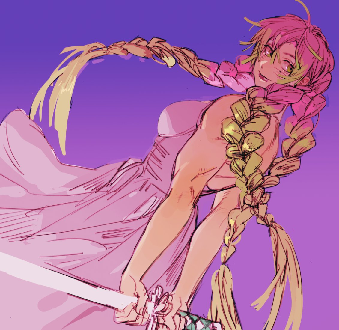 rumaeinine, kanroji mitsuri, kimetsu no yaiba, 1girl, alternate costume, arms behind back, bare arms, bare shoulders, blue background, braid, breasts, cleavage, closed mouth, dress, gradient background, green hair, hair between eyes, holding, holding behind back, holding sword, holding weapon, holding weapon behind back, jewelry, katana, large breasts, long dress, long hair, mole, mole under each eye, mole under eye, multicolored hair, multiple braids, multiple moles, muscular, muscular female, necklace, pink dress, pink hair, smile, solo, spaghetti strap, sword, two-tone hair, weapon