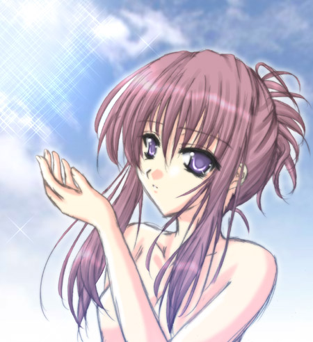 chikage (sister princess), sister princess, lowres, 00s, 1girl, bare shoulders, brown hair, collarbone, expressionless, female focus, light rays, looking at viewer, purple eyes, sidelocks, solo, topless frame, upper body