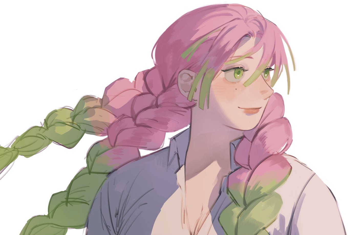 rumaeinine, kanroji mitsuri, kimetsu no yaiba, 1girl, braid, breasts, cleavage, closed mouth, collared shirt, gradient hair, green eyes, green hair, hair between eyes, large breasts, light smile, long hair, looking to the side, mole, mole under eye, multicolored hair, multiple braids, pink hair, pink lips, shirt, solo, upper body, white background, white shirt