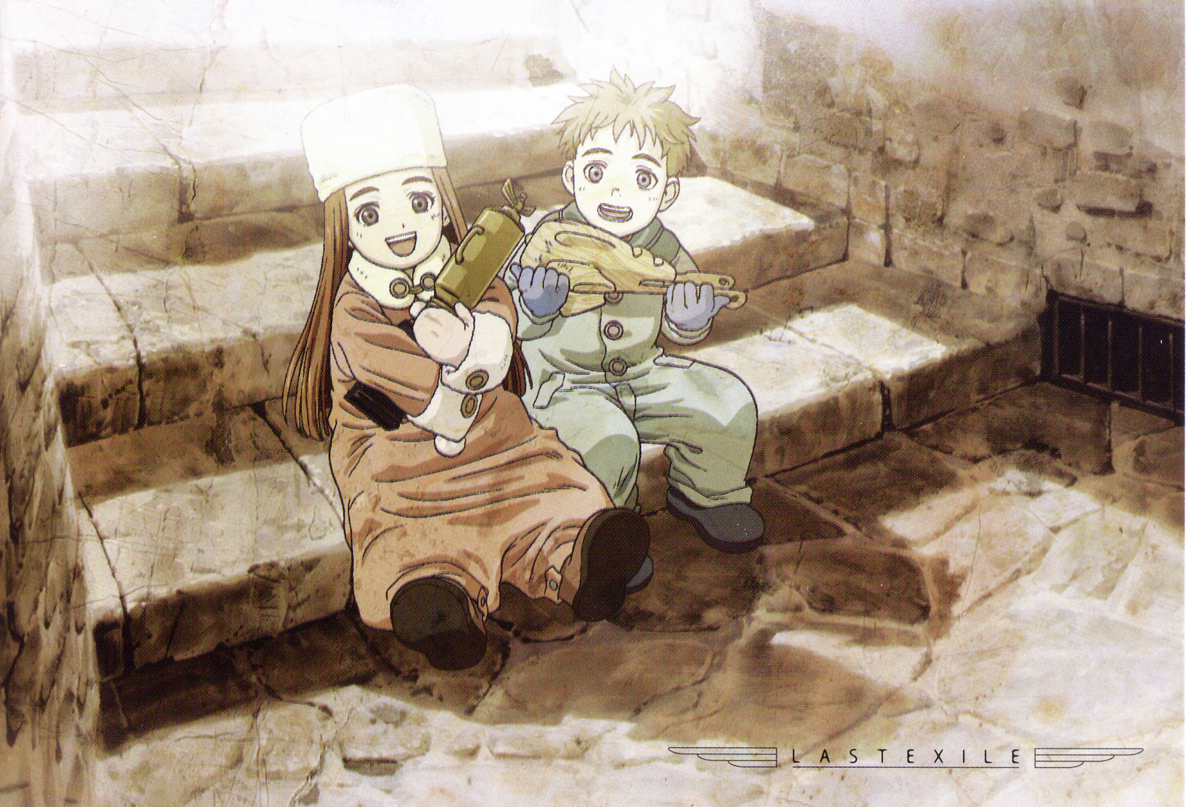 claus valca, lavie head, last exile, highres, official art, 00s, 1boy, 1girl, brown theme, child, couple, happy, hat, hetero, long hair, sepia, sitting, sitting on stairs, smile, stairs, vanship