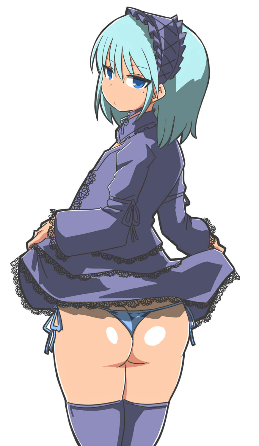 itini-sanshi, 2channel, commentary request, highres, 1boy, 2channel (/livejupiter/), aile-kun, ass, blue eyes, blue hair, blue panties, closed mouth, clothes lift, cowboy shot, crossdressing, crossdressing (mtf), dress, dress lift, frilled hairband, frills, from behind, frown, grey dress, grey hairband, grey thighhighs, hairband, lace, lace-trimmed dress, lace trim, long sleeves, looking at viewer, looking back, male focus, mole, mole under eye, panties, short hair, side-tie panties, simple background, solo, thighhighs, trap, underwear, white background
