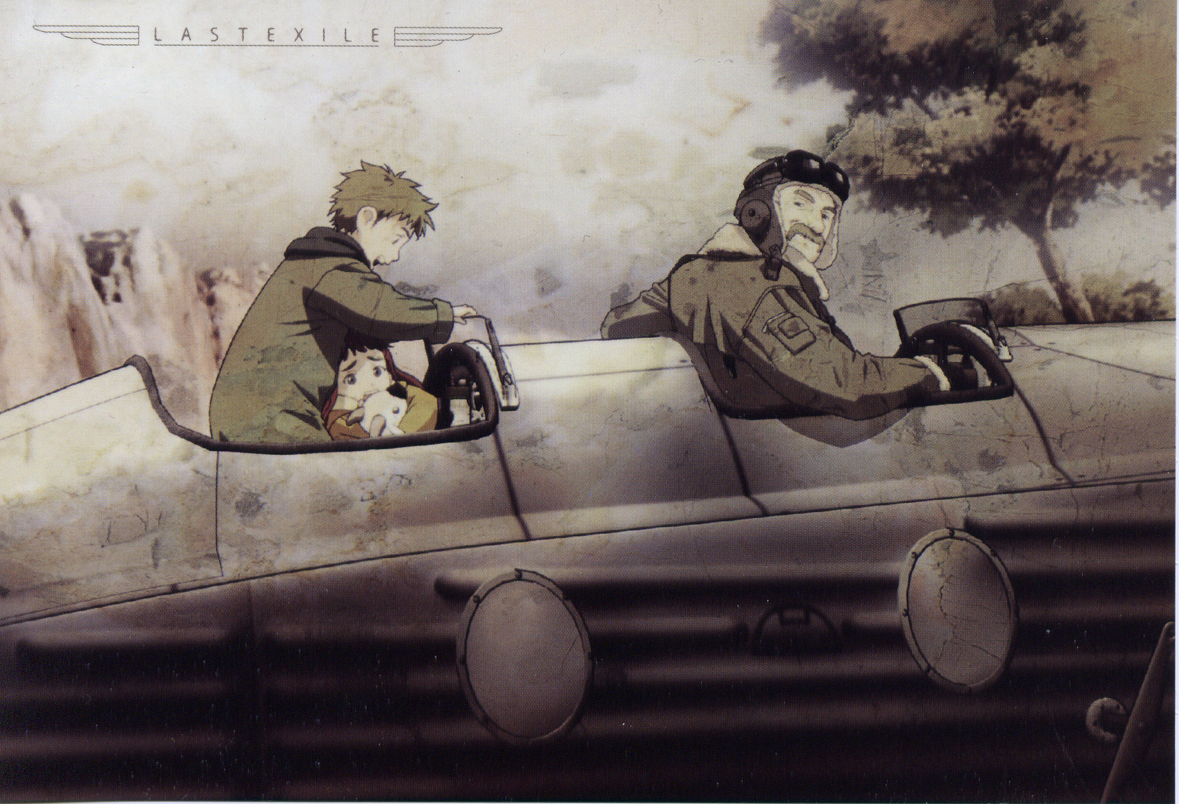 claus valca, lavie head, last exile, highres, official art, scan, 00s, 1girl, 2boys, aircraft, airship, child, multiple boys, vanship