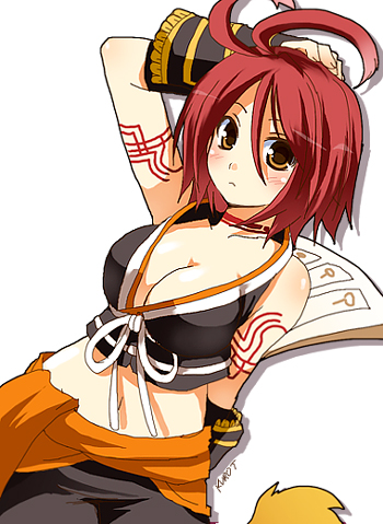 kurot, alkaid (.hack//), .hack//, .hack//g.u., bandai, cyber connect 2, lowres, 00s, 1girl, arm behind back, blush, breasts, cleavage, female focus, hand on own head, large breasts, solo