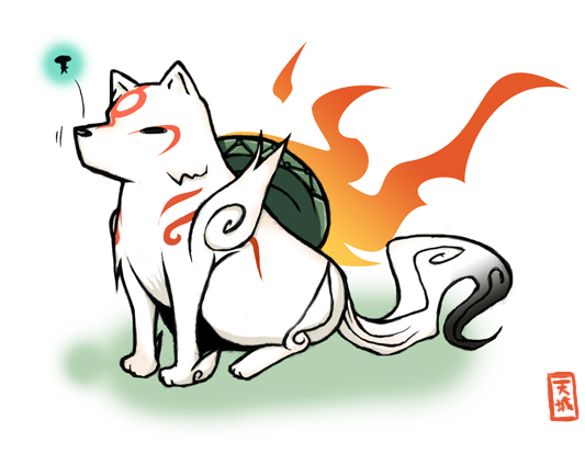 nanateru, amaterasu (ookami), issun, capcom, ookami (game), aged down, animal, bodypaint, creature, fire, full body, mirror, no humans, simple background, sitting, white background, wolf