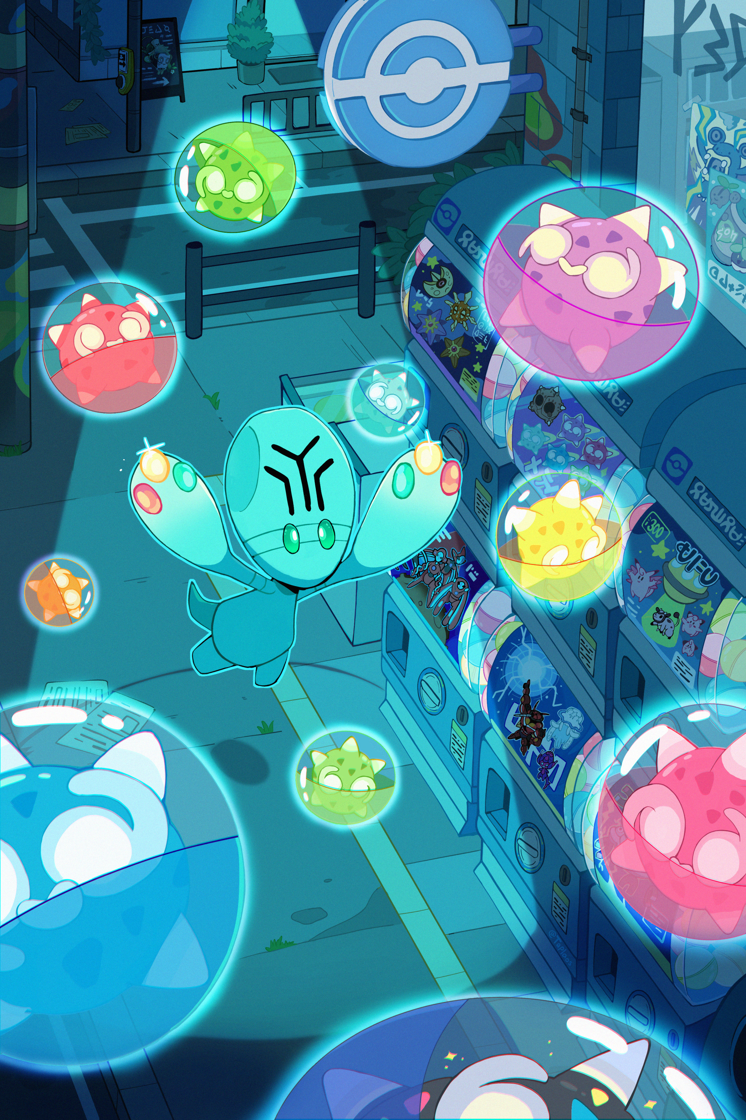 taplaos, elgyem, minior, minior (blue core), minior (core), minior (green core), minior (indigo core), minior (orange core), minior (red core), minior (violet core), minior (yellow core), nintendo, pokemon, absurdres, highres, city, gashapon, gen 5 pokemon, gen 7 pokemon, graffiti, night, no humans, outdoors, pokemon (creature), poster (object), road