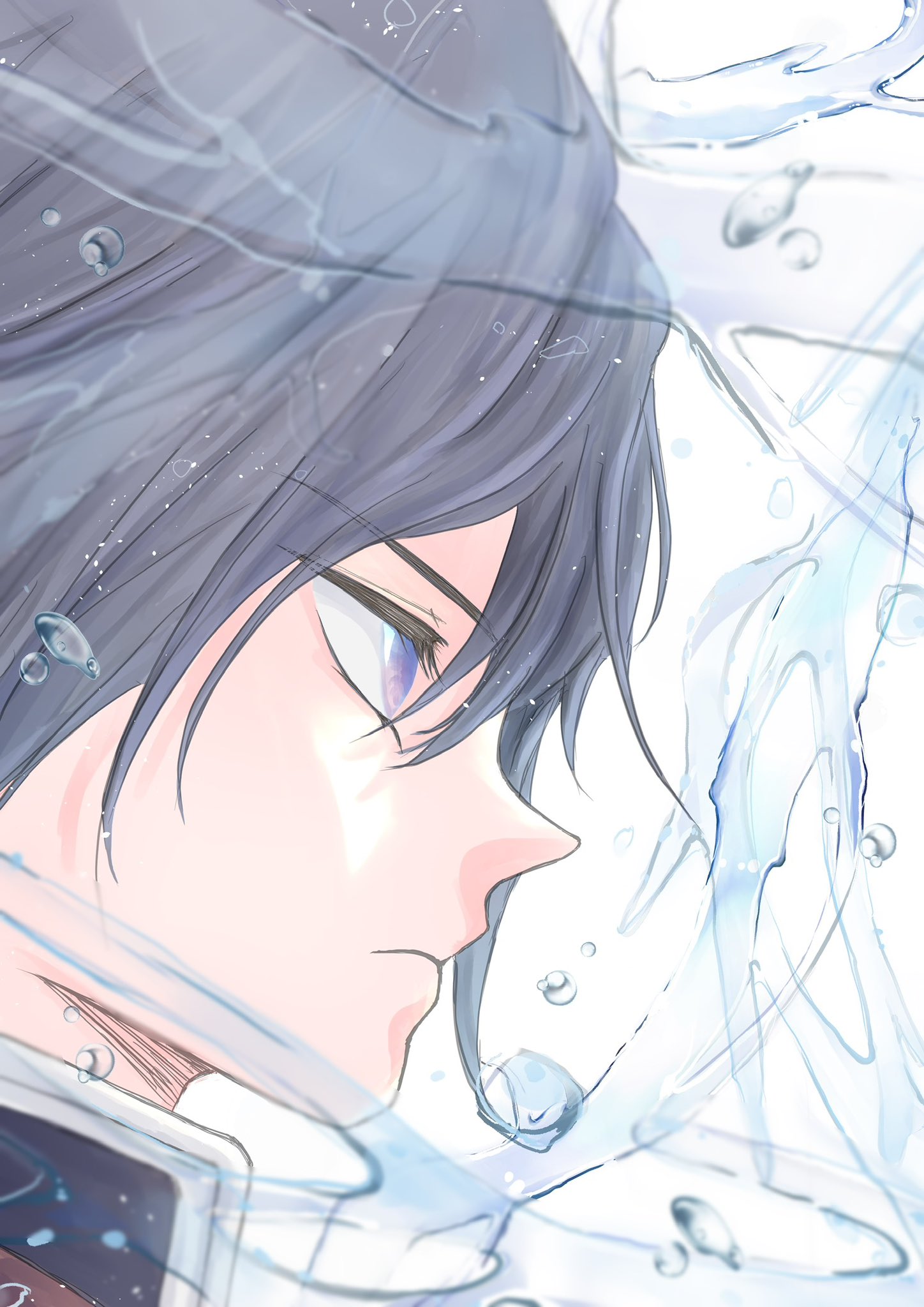 39ra405, tomioka giyuu, kimetsu no yaiba, highres, 1boy, black hair, black jacket, blue eyes, closed mouth, demon slayer uniform, empty eyes, hair between eyes, haori, high collar, jacket, japanese clothes, long hair, male focus, profile, red haori, serious, solo, water, white background