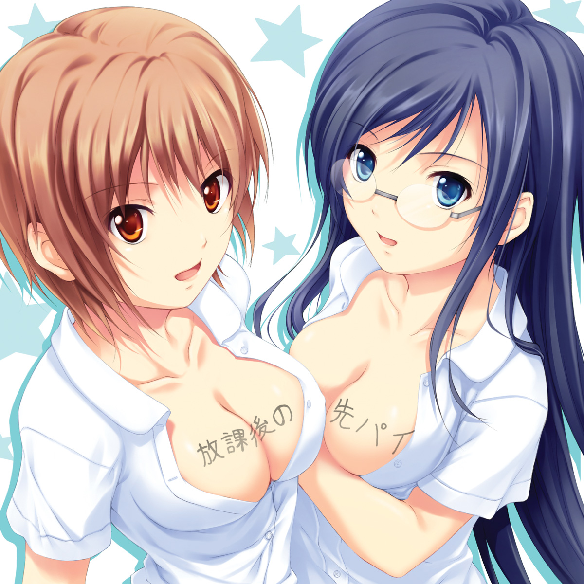 coffee-kizoku, chitose mayumi, misaki sayoko, houkago no senpai, highres, translation request, 2girls, aqua eyes, blue hair, body writing, breasts, brown eyes, brown hair, cleavage, glasses, long hair, medium breasts, multiple girls, open clothes, open mouth, open shirt, shirt, short hair