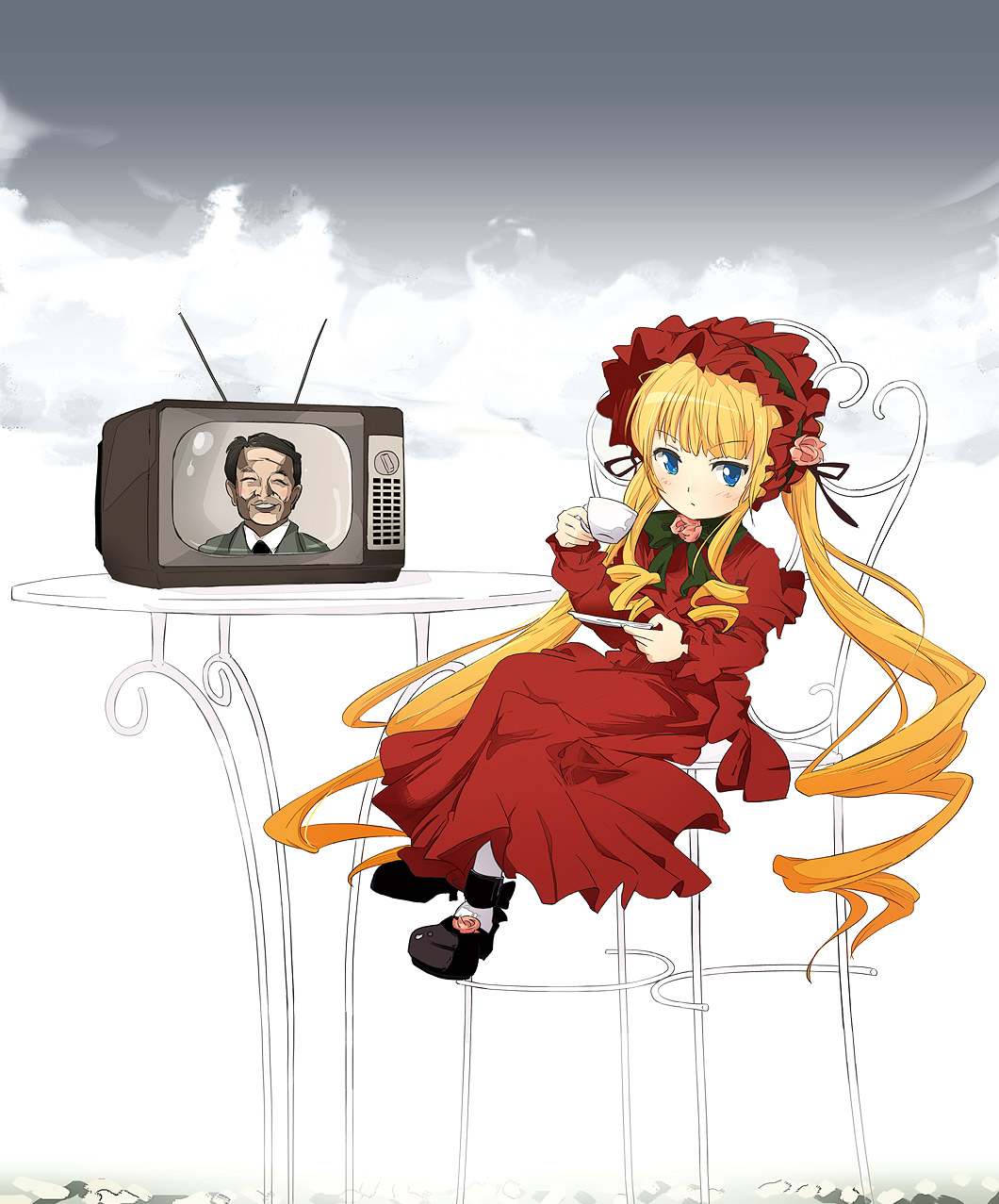 ixy, asou tarou, shinku, real life, rozen maiden, highres, 00s, 1girl, blonde hair, blue eyes, chair, female focus, politician, sitting, solo, tea, television