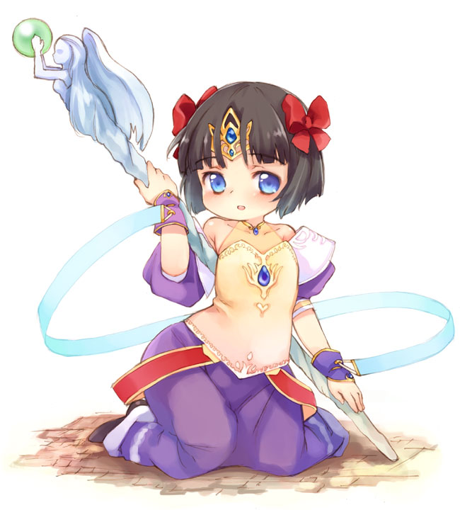 kito (sorahate), hero's daughter (dq5), dragon quest, dragon quest v, bad id, bad pixiv id, 1girl, blue eyes, blush, brown hair, child, female focus, kneeling, short hair, solo, staff