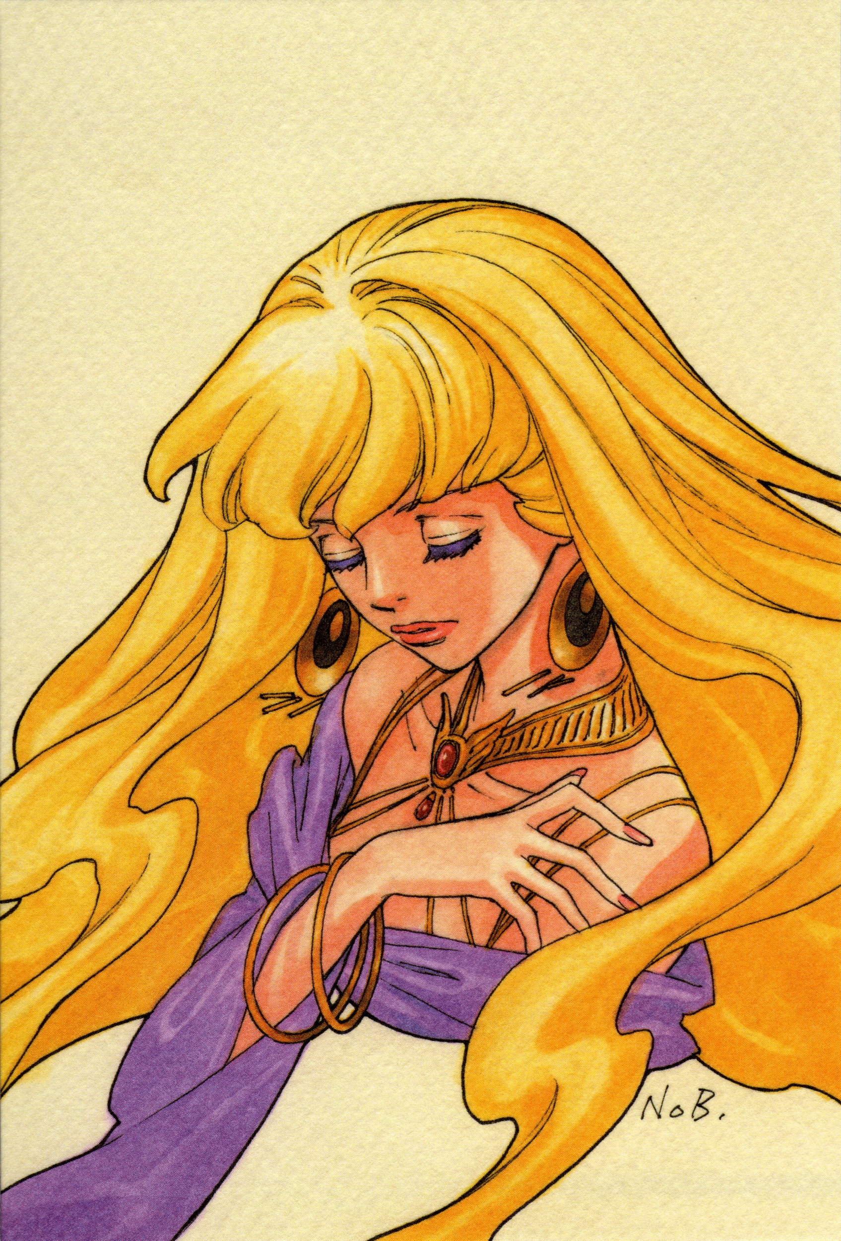 yuuki nobuteru, physis, toward the terra, absurdres, highres, 1girl, blonde hair, bracelet, closed eyes, earrings, female focus, jewelry, lipstick, long hair, makeup, necklace, solo