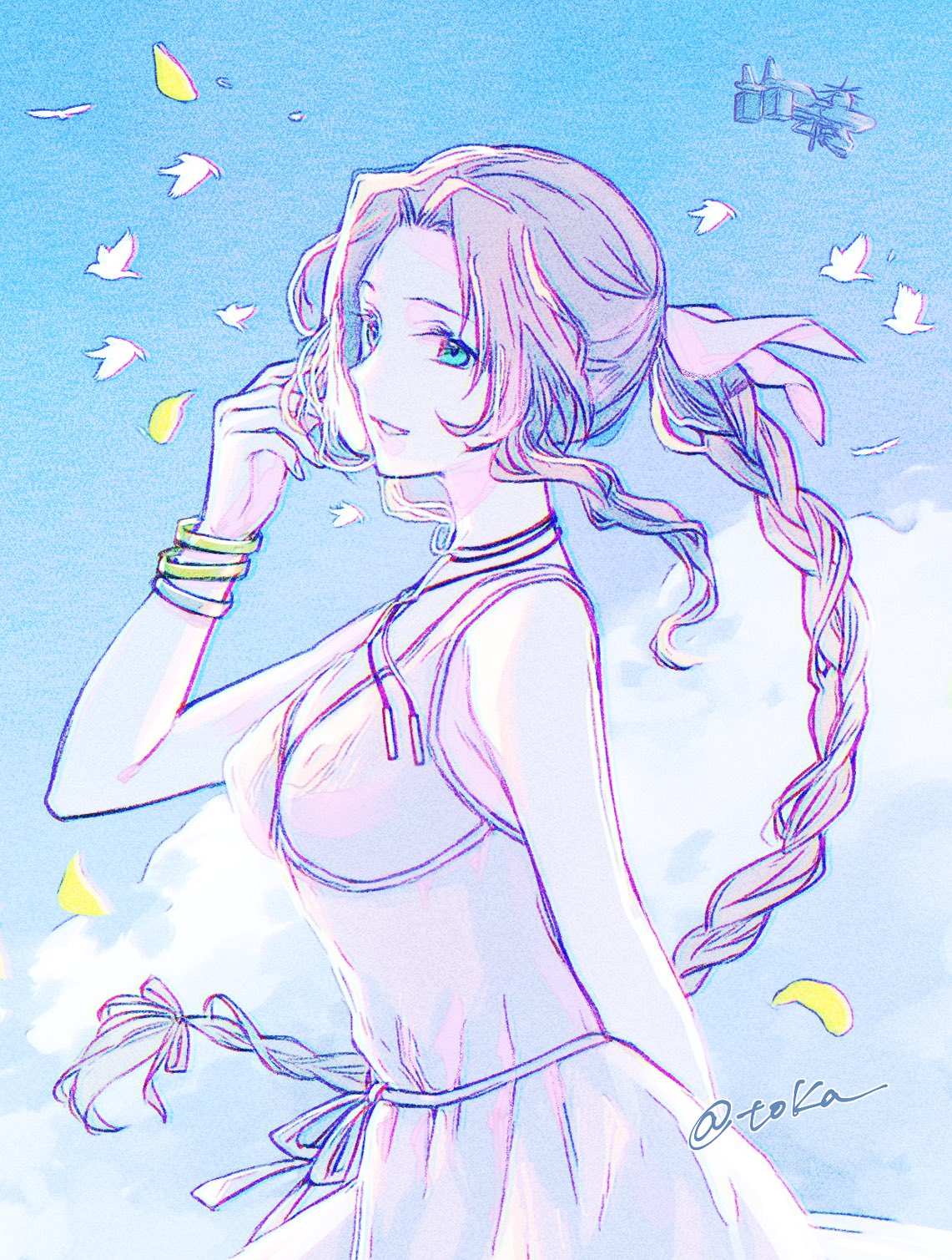 quichi 91, aerith gainsborough, final fantasy, final fantasy vii, final fantasy vii rebirth, final fantasy vii remake, highres, 1girl, aircraft, airship, arm behind back, bangle, bare shoulders, bird, bracelet, braid, braided ponytail, breasts, choker, dress, falling petals, flock, flower choker, green eyes, hair ribbon, hand in own hair, highwind, jewelry, light smile, medium breasts, parted bangs, parted lips, petals, pink dress, pink ribbon, ribbon, sidelocks, single braid, sleeveless, sleeveless dress, solo, sundress, twitter username, upper body, yellow petals