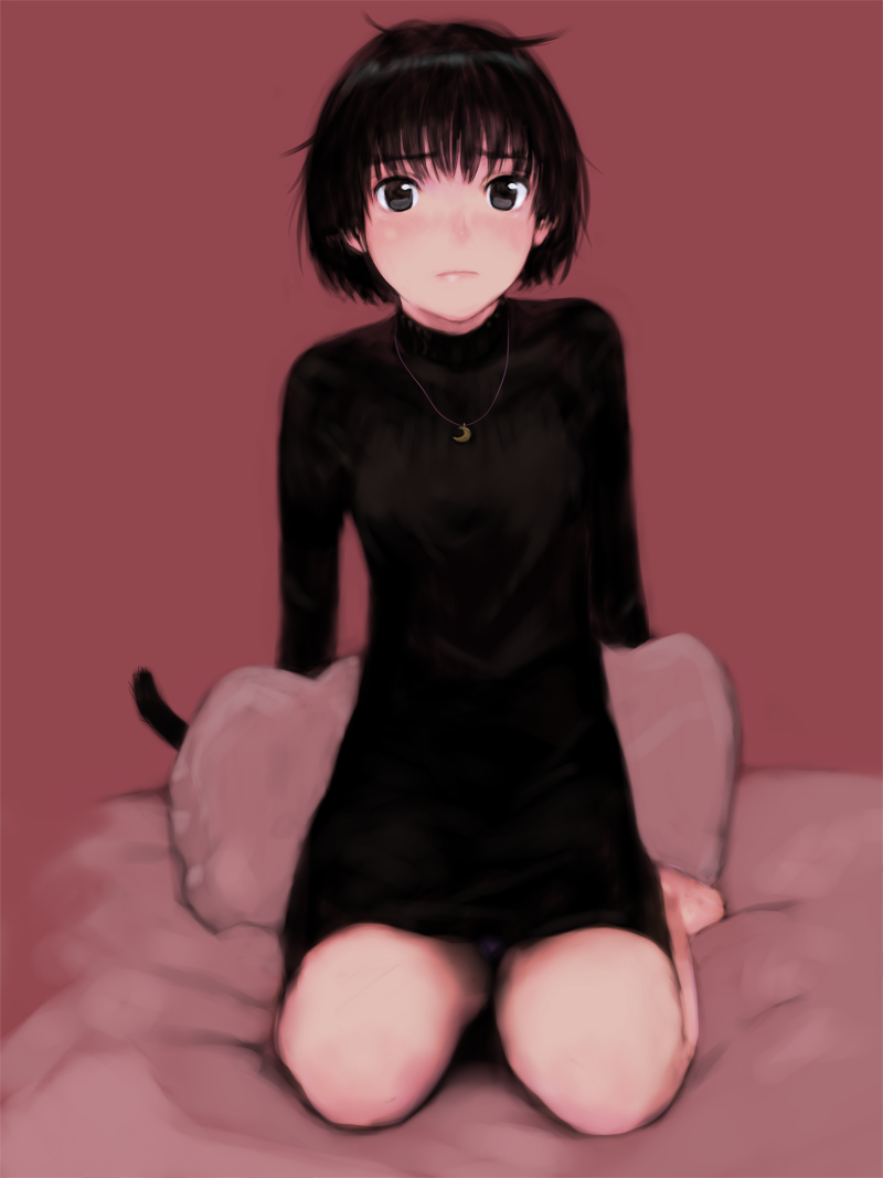 nimirom, original, commentary request, 1girl, arms behind back, bare legs, barefoot, bed sheet, black dress, black hair, blush, bob cut, breasts, cat girl, cat tail, closed mouth, crescent, crescent necklace, dress, embarrassed, full body, furrowed brow, grey eyes, jewelry, long sleeves, looking at viewer, messy hair, necklace, nose blush, on bed, panties, pantyshot, pillow, red background, seiza, short dress, short hair, simple background, sitting, small breasts, solo, tail, underwear, upskirt