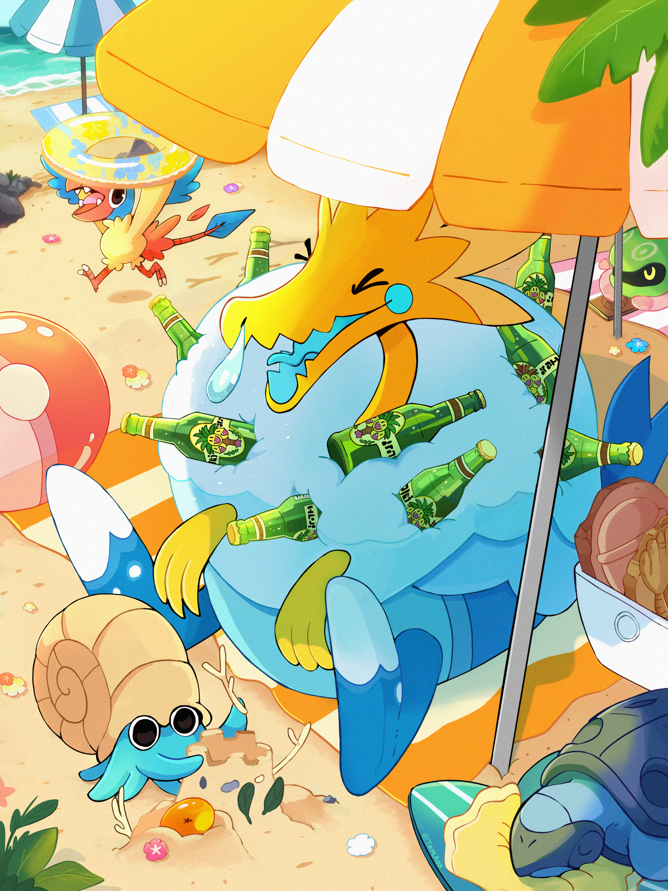 taplaos, archen, arctozolt, cradily, omanyte, tirtouga, nintendo, pokemon, absurdres, highres, amber (gemstone), ball, beach, beach umbrella, beachball, beer bottle, closed eyes, day, gem, gen 1 pokemon, gen 3 pokemon, gen 5 pokemon, gen 8 pokemon, innertube, leaf, no humans, old amber, open mouth, outdoors, pokemon (creature), sand castle, sand sculpture, swim ring, umbrella, water