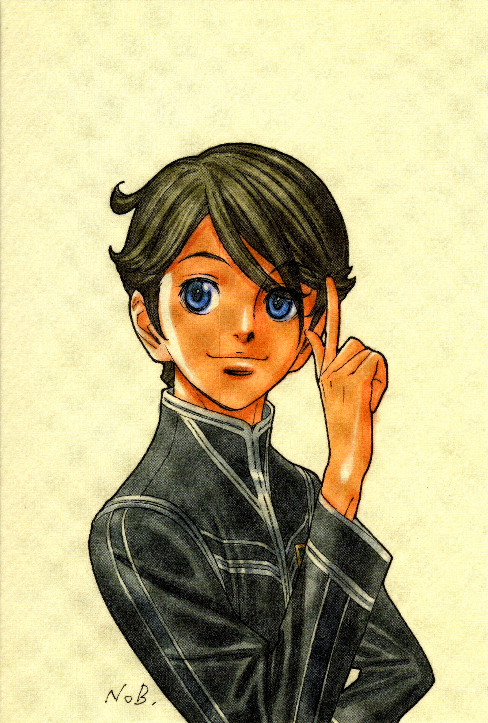yuuki nobuteru, seki rei shiroe, toward the terra, uniform, absurdres, highres, 1boy, blue eyes, male focus, smile, solo