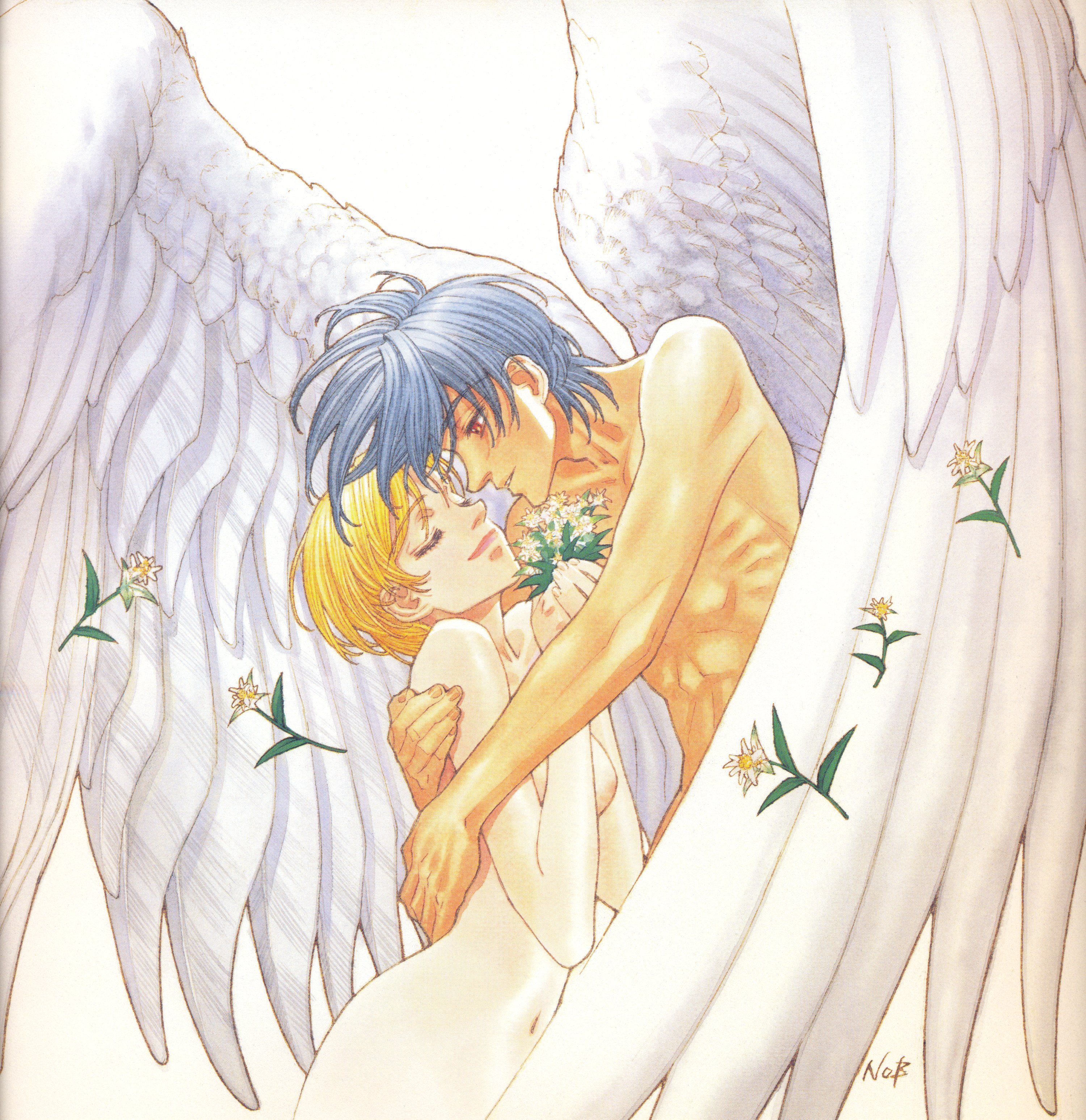 yuuki nobuteru, kanzaki hitomi, van fanel, tenkuu no escaflowne, absurdres, highres, 1990s (style), 1boy, 1girl, blonde hair, feathers, flower, nude, red eyes, retro artstyle, wings